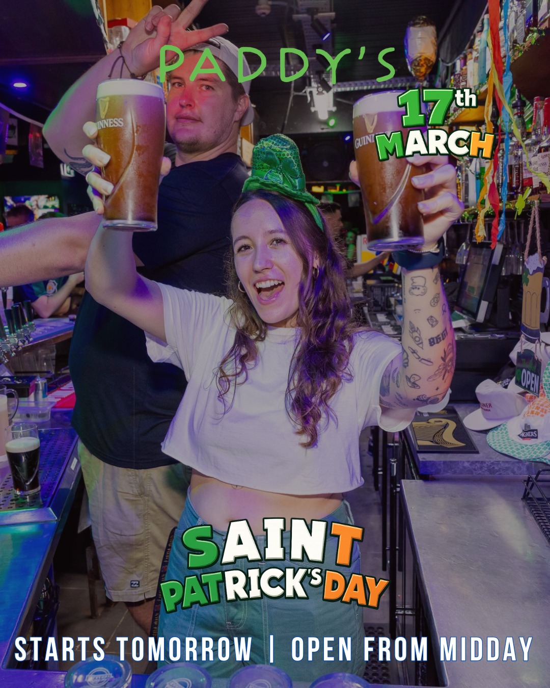 TOMORROW 🍀
Midday start
Live music all day
Guinness flowing
Kegerator + keg drawn 7pm
Get in early!
18+ only. T&Cs apply.
#Tomorrow #StPaddysDay
#GameOn #IrishCelebration #PaddysReady