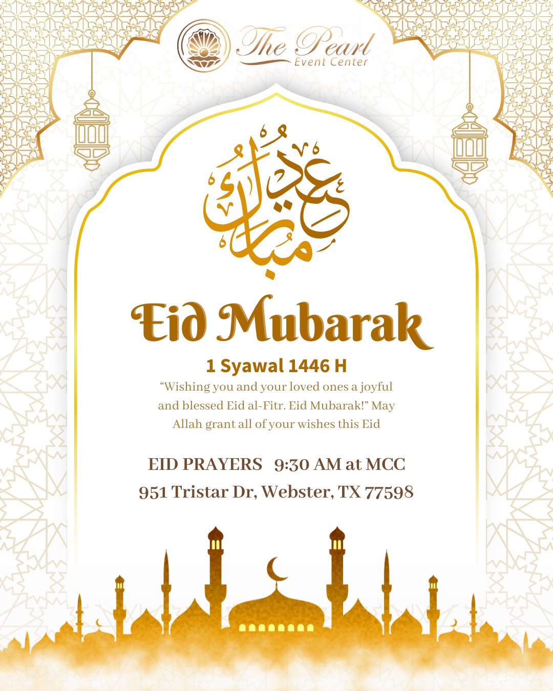 Eid Mubarak from Multicultural Center!
May Allah accept your عبادات, forgive our shortcomings, and grant peace, happiness, and unity to our community and the Ummah. 🤲
Join us in celebrating this blessed day together:
🕌 Eid Prayer at MCC
🕘 9:30 AM
📍 951 Tristar Dr, Webster, TX
Let’s come together in gratitude, prayer, and joy.
💙 Wishing you and your family a blessed and joyful Eid!
#EidMubarak #MCC #EidPrayer #HoustonMuslims #BlessedEid #CommunityStrong