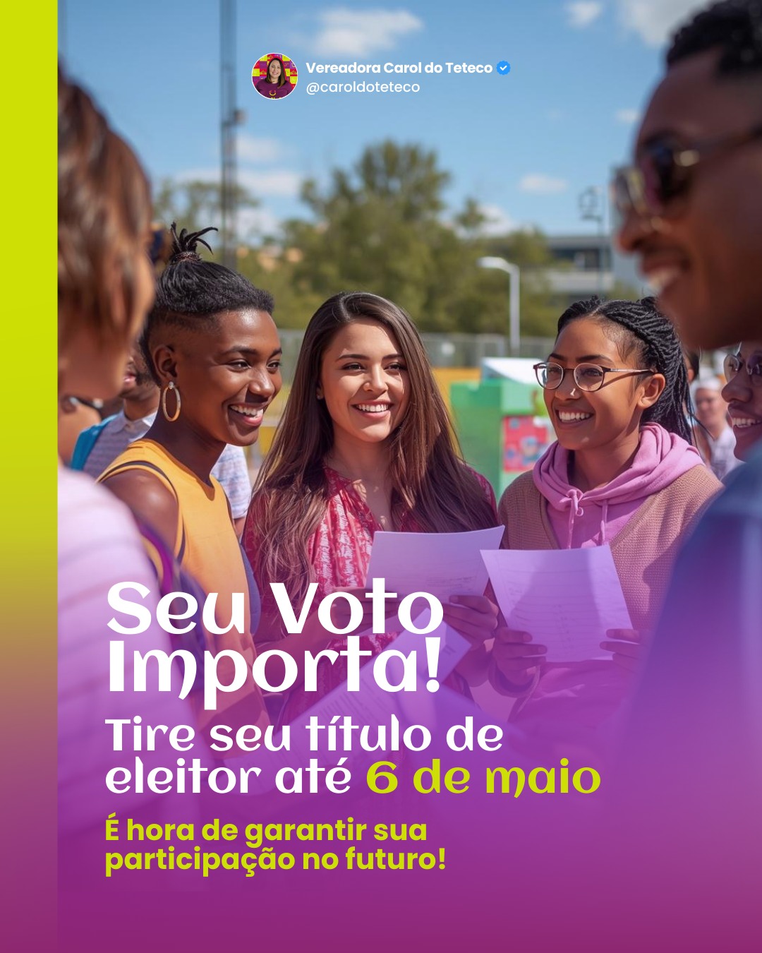 🚨 Atenção, Contagem: o prazo para tirar ou regularizar o título de eleitor termina em 6 de maio de 2026!
Se você é jovem e completa 16 anos até outubro, ou precisa da primeira via, transferência ou atualização, agora é o momento. Em MG, o TRE facilita tudo – online no tse.jus.br ou presencial nos cartórios locais
Por quê? Sem título regular, você fica fora das eleições de 2026, que decidem o futuro da nossa cidade: obras, saúde, educação.
Jovens: seu voto é opcional, mas poderoso para mudar Contagem! Deslize para ver o passo a passo.
Comenta 'EU VOU VOTAR' se você vai agir e marca um amigo que precisa saber. Salve para lembrar e compartilhe nos grupos de bairro!
#TituloDeEleitor #Eleicoes2026 #ContagemMG #caro
