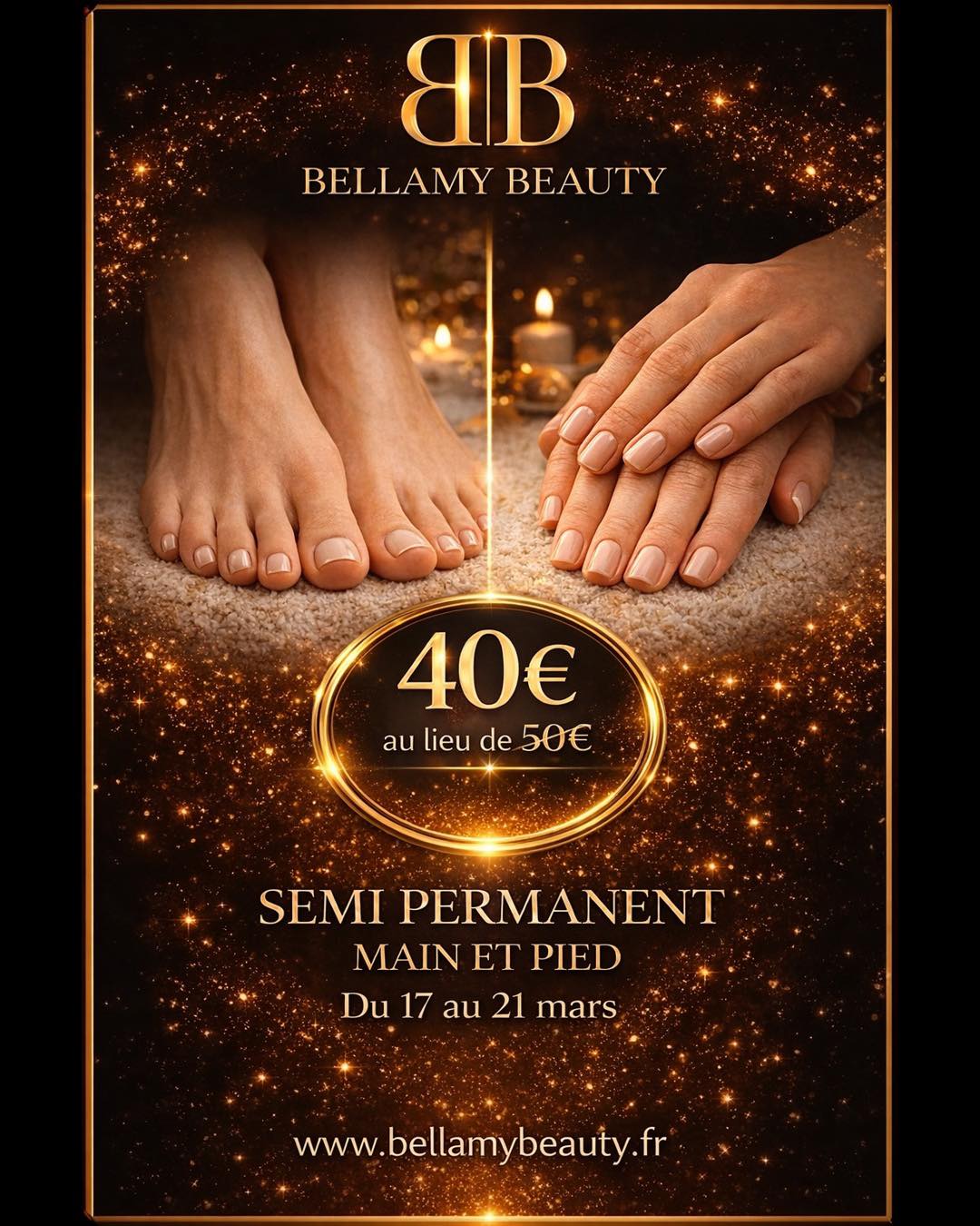✨ OFFRE SPÉCIALE ✨
Envie de mains et pieds impeccables ? 💅
Profitez de notre semi-permanent mains et pieds à prix doux !
🔥 40€ au lieu de 50€
📅 Du 17 au 21 mars uniquement
⚠️ Offre limitée
👉 Réservez dès maintenant sur Planity
https://www.planity.com/bellamy-beauty-62490-vitry-en-artois
Inscrivez-vous à notre newsletter pour recevoir les offres en avant première 😉
🌐 www.bellamybeauty.fr
#vitryenartois
#salondecoiffureprivé
#ongles
#institutdebeaute