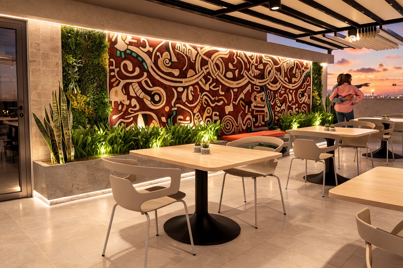 Les presentamos el resultado del proyecto del Hotel Casa Pucllana.
Este encargo contempló el diseño integral de una pequeña terraza dentro de este hotel boutique, orientado principalmente al turismo de negocios. El objetivo fue crear un espacio acogedor donde los huéspedes puedan comer algo, tomar una bebida o simplemente relajarse, manteniendo coherencia con la identidad del hotel.
La propuesta se desarrolló optimizando la inversión del cliente, reutilizando algunos elementos existentes como mesas y sillas, y manteniendo los pisos y el techo sol y sombra ya existentes, integrándolos a una nueva composición espacial que incluye una barra de atención, nuevas jardineras con plantas naturales y un baño completamente renovado.
El concepto de diseño se inspira en la cultura de Lima, incorporando una paleta de colores, texturas y formas que conectan el lobby con la terraza y generan una atmósfera de elegancia, sofisticación y carácter local.
En las imágenes podrán ver una referencia del mural propuesto. El mural final será realizado por un artista en paralelo y no se muestra por motivos de confidencialidad, aunque sí mantiene la misma paleta cromática planteada en el proyecto.
Nos encanta cómo el espacio logra equilibrar funcionalidad, identidad y optimización de recursos, respondiendo a la dinámica del hotel: un ambiente exclusivo pensado para sus huéspedes.
Si tienes un proyecto similar en mente, escríbenos. Nos encantará ayudarte a hacerlo realidad.