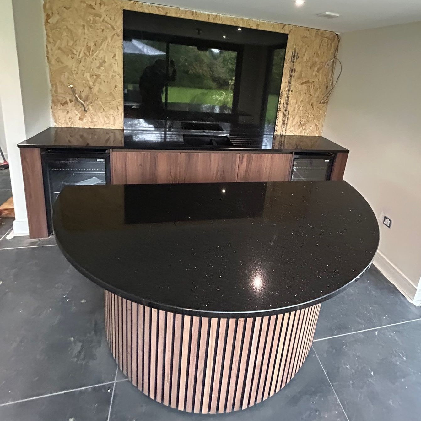 Garden room worktops and fire plinth in Star Galaxy granite fitted in Altrincham #worktopscheshire #homeimprovement #notjustkitchens #graniteworkops
