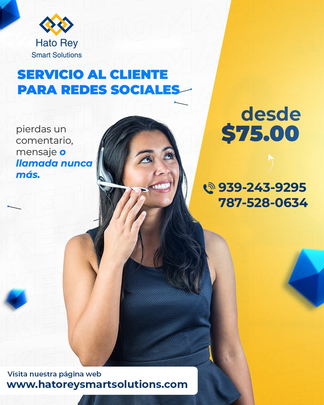 📱 Servicio al cliente para redes sociales desde $75.00
No pierdas un comentario, mensaje o llamada de tus clientes.
En Hato Rey Smart Solutions te ayudamos a manejar la comunicación en tus redes sociales para que tu negocio siempre esté atento a tus clientes.
📞 939-243-9295
📞 787-528-0634
🌐 www.hatoreysmartsolutions.com
#ServicioAlCliente #RedesSociales #CommunityManager #HatoReySmartSolutions