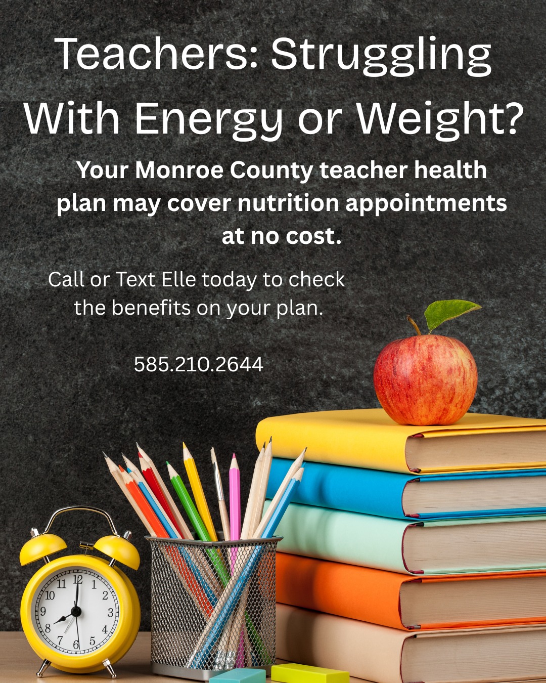 Teachers, start getting support working toward your health goals!
Call or Text to check your benefits today.
585.210.2644
https://www.eatwellelle.com/teachers