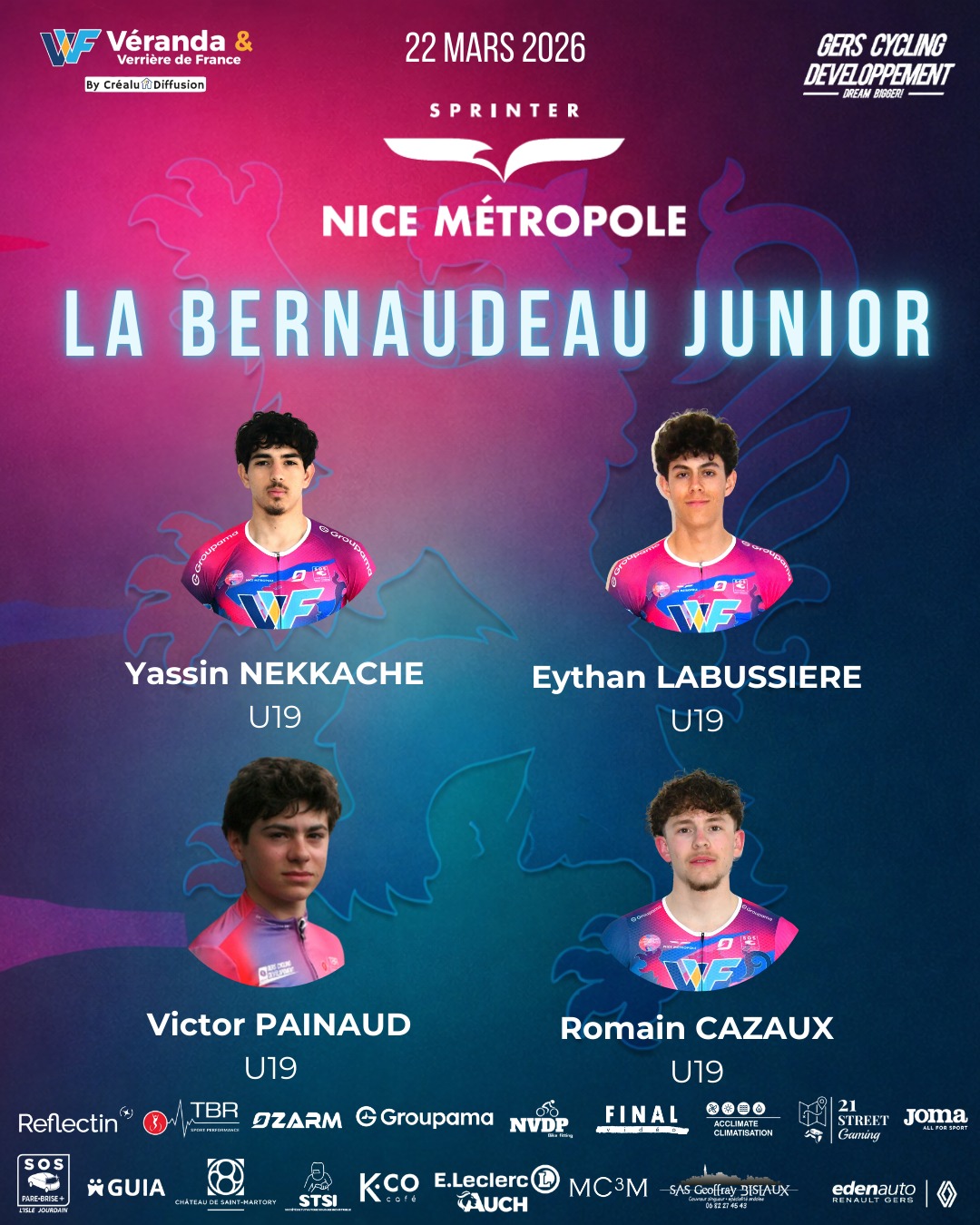 🔜 La Bernaudeau Junior
Ce week-end, 4 de nos U19 seront au départ d’une belle épreuve du calendrier.
🔹 Composition :
• Yassin Nekkache
• Victor Painaud
• Romain Cazaux
• Eythan Labussiere
Ils évolueront pour l’occasion sous les couleurs de Nice Métropole Côte d’Azur, dans le cadre de notre partenariat.
Une belle opportunité pour continuer à apprendre et se confronter à un niveau relevé.
On avance, étape par étape.
🔥 Bonne course les gars
#GersCyclingDeveloppement #DreamBigger #U19 #cyclisme
@crealudiffusion @eleclercauch @sosparebrisepluslislejourdain @ozarm @21street_gaming @jomasport @groupama @sonia.reflectin STSI @chateausaintmartory GUIA @kcocafe @nvdp_bikefitting @tbrsportperformance MC3M @final__video SAS GEOFFRAY BISIAUX @teamnicemetropolecotedazur_