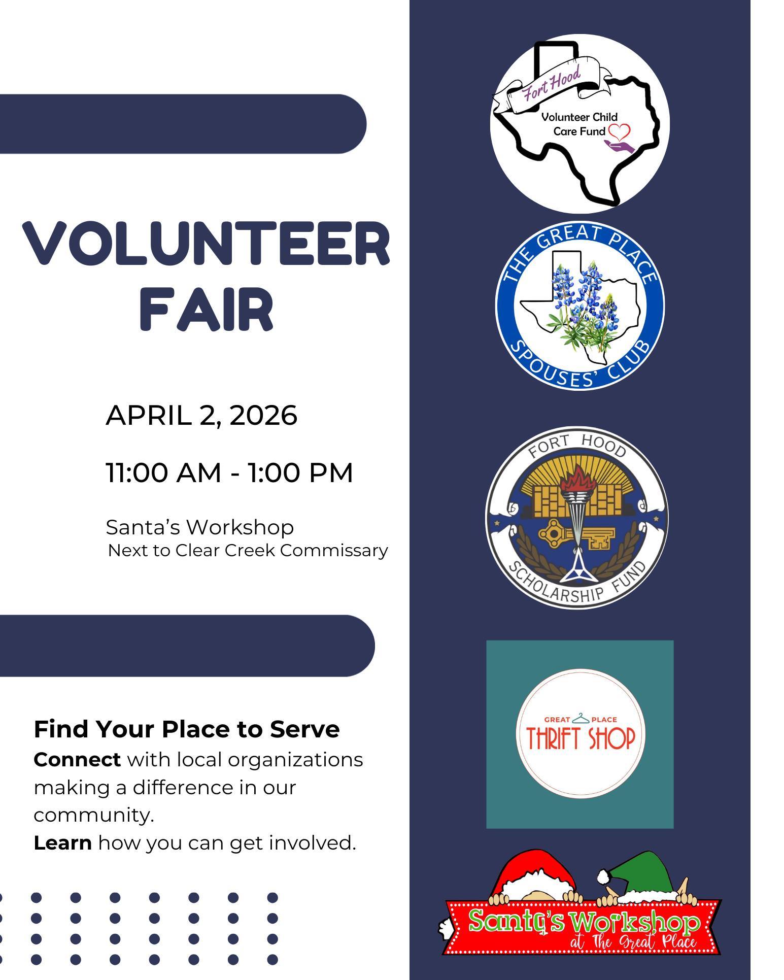 ✨ Today’s the Day!
The Volunteer Fair at Santa’s Workshop is happening today from 11 AM – 1 PM, and the Spouses’ Club will be there sharing information about our 2026–2027 Board positions.
If you’ve ever been curious about getting more involved, this is a great chance to stop by, ask questions, and learn what each role actually looks like.
There’s no pressure to commit — just come meet the people behind the organizations serving our community.
✔ Meet local nonprofits
✔ Learn about board opportunities
✔ Find a way to get involved that fits your schedule
And if child care has been a barrier, the Fort Hood Volunteer Child Care Fund helps cover the cost of CYS Hourly Care while you volunteer.
📍 Santa’s Workshop
⏰ 11 AM – 1 PM
We hope to see you today!
