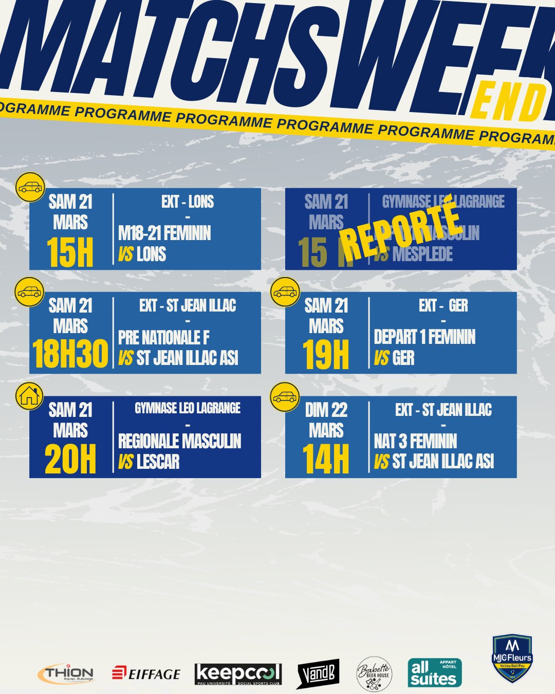 🌸 Programme du week-end 🌸
🔵 Samedi 21 mars, Gymnase Léo Lagrange :
-20h, Régionale G contre Lescar
🚗 Samedi 21 mars extérieur ;
-15h, M18-21 F à Lons (Complexe Aqualons)
-18h30, Pre-nat F à St Jean Illac (Salle Pierre Favre)
-19h, Départementale F à Ger (Salle des sports)
🚗Dimanche 22 mars ;
-14h, Nationale 3 F à St Jean Illac (Salle Pierre Favre)
📸 @ruiztheo
🙌 Partenaires ;
Thion Equip'Elevage / @keepcoolpau / @vandbpau /
@all_suites /@babettebeerhouse