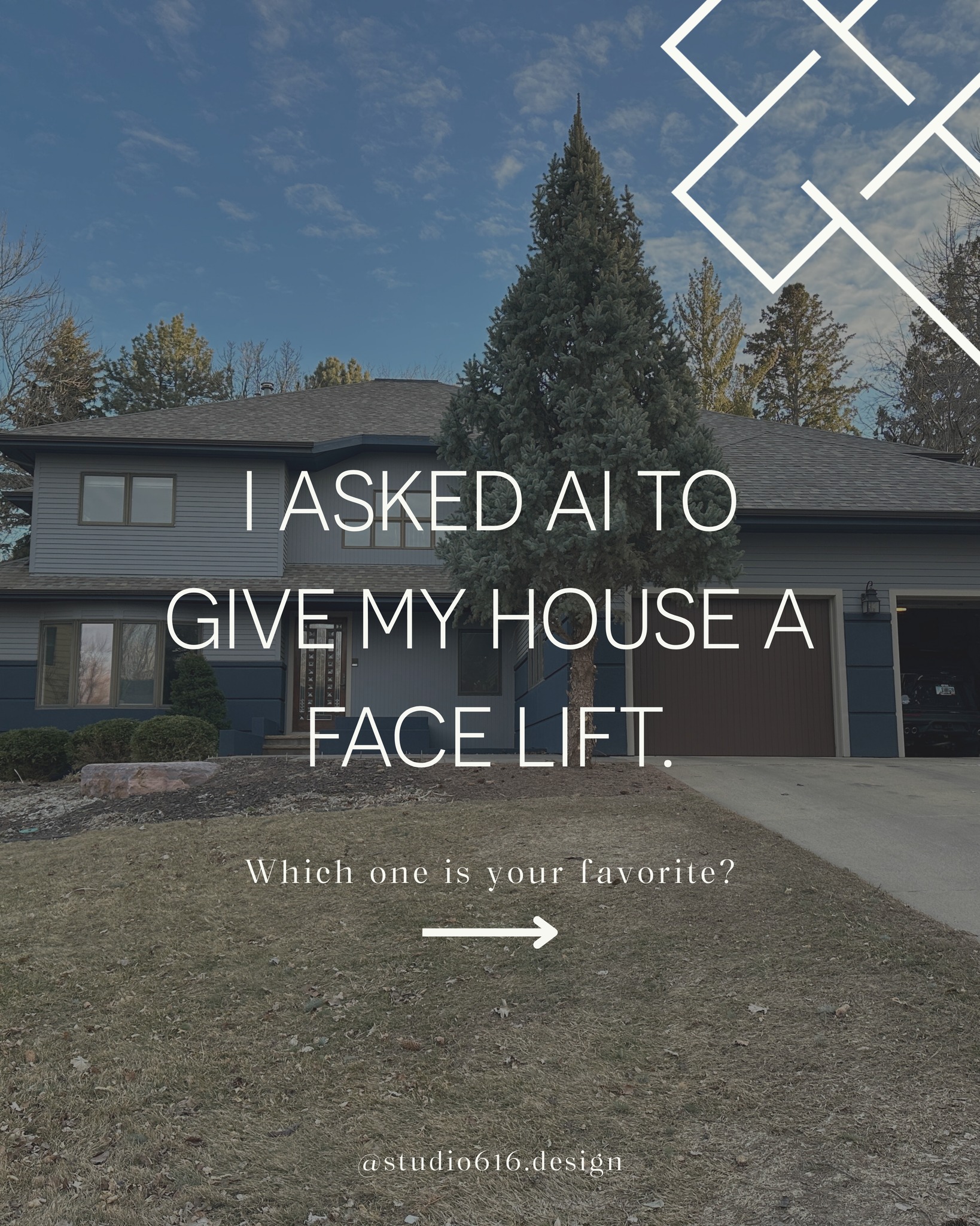 First observation: the massive tree needs to go.
Then we start exploring possibilities: color palettes, materials, landscaping, lighting, and overall curb appeal.
AI is an incredibly powerful tool for quickly visualizing design ideas and generating multiple directions from a single photo. It helps spark ideas and show what could be possible.
But AI only takes you so far.
What are the actual paint colors?
Which materials work with the architecture?
What lighting, landscaping, and details make the design cohesive?
That’s where the design professional comes in.
We use tools like AI to explore ideas, but our role is to refine them by guiding the prompts, selecting real materials, and turning concepts into a buildable, cohesive design.
AI helps visualize possibilities.
We help bring the right one to life.
Which face lift is your favorite?
#ExteriorDesign #ArchitecturalDesign #CurbAppeal #DesignProcess #resdientialdesign