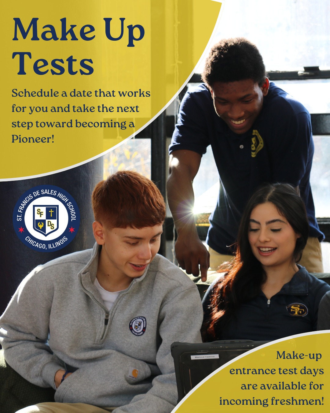 Did you miss the entrance exam? We’ve got you covered!
St. Francis de Sales High School is offering make-up test days for incoming freshmen who still want the opportunity to join the Pioneer family.
Reach out to our admissions team today to schedule your make-up exam and take the first step toward your future at De Sales. Learn more sfdshs.org/admissions