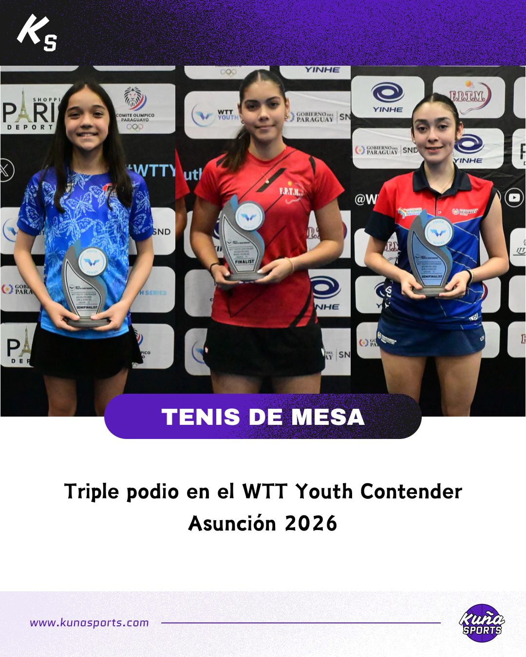 ¡Festejan en casa!🥳
🇵🇾La edición Asunción del WTT Youth Contender 2026 tuvo al Team Pareguay en varios podios.
🙋🏻♀️En la rama femenina, tres de nuestras representantes llegaron a instancias decisivas.
🥈Florencia Paiva y Fernando Acuña fueron subcampeones en el Dobles Mixto U15.
🥉Paula Benítez logró el tercer puesto en la categoría Singles Femenino U13.
🥉Ámbar Fernández logró el tercer lugar en la categoría Singles Femenino U15.
👏🏻¡Felicitaciones chicas!
📸 @wtt.
#KuñaSports💜
