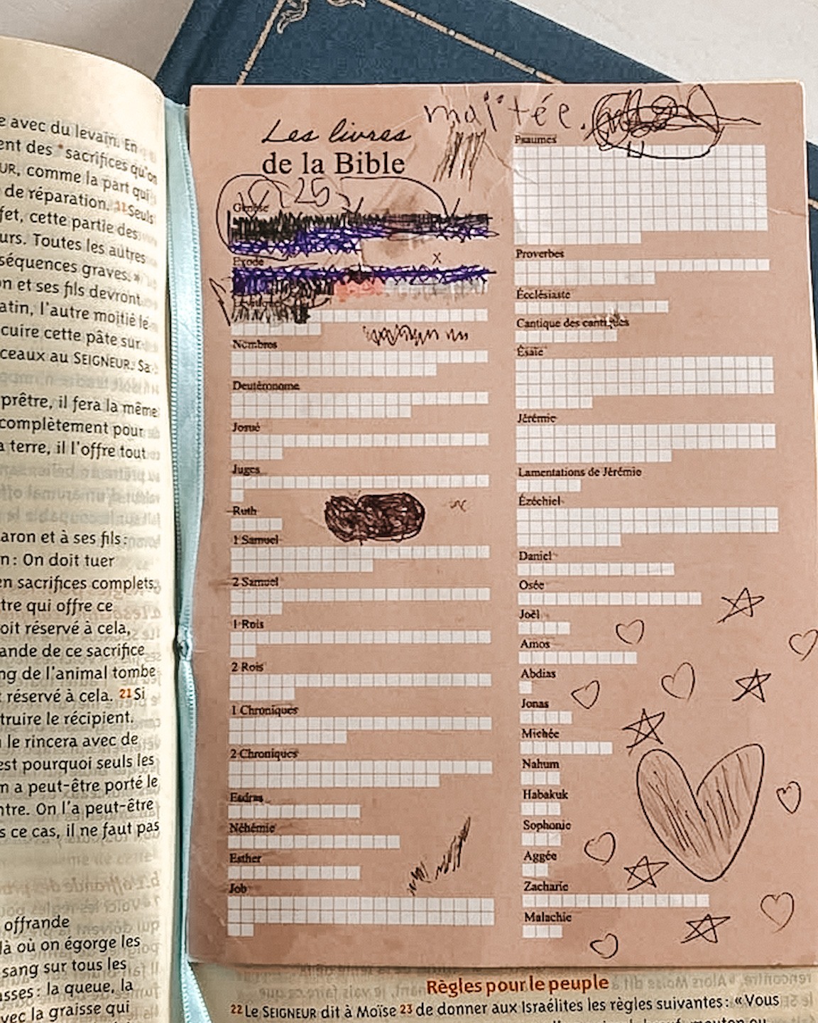 Une petite fille de 7 ans utilise ma liste des livres de la Bible. Elle est rendue à Lévitique!!!!! BRAVO MAÏTÉE!
❤️ Il n’est JAMAIS trop tôt ni trop tard pour lire la Parole vivante : celle qui vivifie et transforme le cœur prêt à l’écouter et à la mettre en pratique.
#UnePetiteInfluence #FemmesDeFoi #Chretienne #Bible