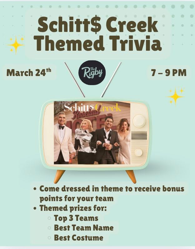 Ew, Davidโฆ trivia night is calling ๐คโจ
Schittโs Creek Themed Trivia is taking over The Rigby on March 24th from 7โ9 PM.
Come dressed in theme for bonus points ๐
Prizes for top teams, best team name, and best costume!!!
#rigbyforthepeople #schittscreek #trivianight #tvtrivia #madisonwi