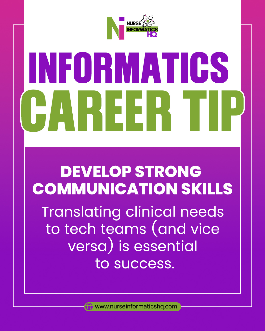 💡 Informatics Career Tip
Strong communication skills are key to success in nurse informatics.
Being able to **translate clinical needs to tech teams—and vice versa—**helps bridge the gap between healthcare and technology.
✨ Improve collaboration
✨ Enhance patient outcomes
✨ Grow your career with confidence
🌐 Learn more: www.nurseinformaticshq.com
#NurseInformatics #CareerTips #HealthcareTechnology #CommunicationSkills #NursingCareer #DigitalHealth #ProfessionalGrowth