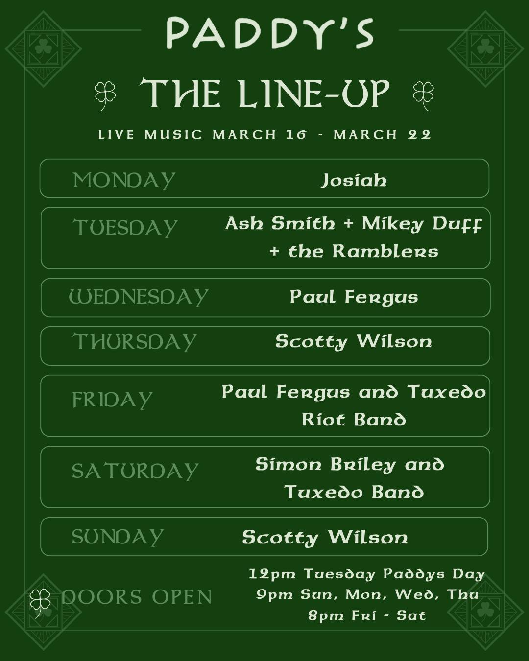 Our weekly party lineup is here 🍻 Expect big singalongs, packed dance floors and late nights all week long!
🎸 Special guests this week
The Irish legends The Ramblers are in town as we roll into Paddy’s week. If you love big Irish singalongs and high energy live music, this is the week to be here.
Here’s who’s bringing the tunes this week 👇
📍 Paddy’s Shenanigans
🎶 Live music every damn night
🎤 MON – Josiah @josiahsamuelmusic
🇮🇪 TUE – Ash Smith + Mikey Duff + The Ramblers @ashsmithmusic @mike_duff_entertainment @the_ramblers_jamesandross
🎤 WED – Paul Fergus @paulfergusmorris
🎤 THU – Scotty Wilson @scottywilsonmusic
🔥 FRI – Paul Fergus & Tuxedo Riot Band @paulfergusmorris + @tuxedo_riot
🍀 SAT – Simon Briley & Tuxedo Band @simonbrileymusic
🎶 SUN – Scotty Wilson @scottywilsonmusic
Doors open 12pm Tuesday for Paddys Day!
Then 9pm Sun, Mon, Wed, Thurs | 8pm Fri–Sat 🍻
Lock it in. Rally the crew. Paddy’s week starts now.
#PaddysShenanigans #LiveMusic #WhatsOnAirlie #AirlieBeach #PaddysWeek #IrishVibes #PubVibes #GoodTimes
