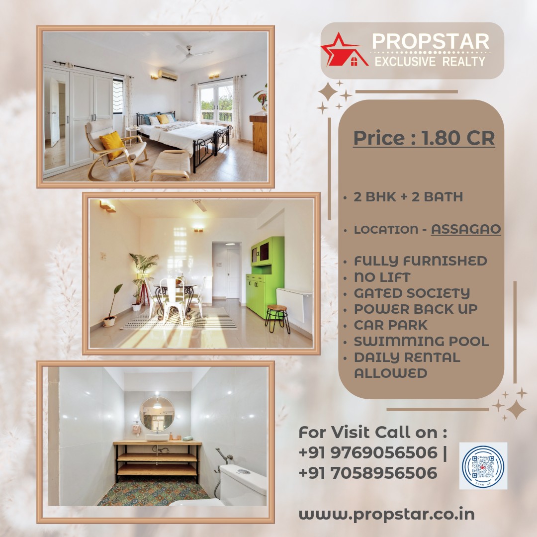 Located in the premium and peaceful village of Assagao, this beautifully maintained 2 BHK apartment with 2 bathrooms offers the perfect blend of comfort, privacy, and investment potential in North Goa.
The apartment comes fully furnished and ready to move in, making it an ideal choice for personal holiday use or a high-return rental investment. Situated in a secure gated society, the property offers a relaxed lifestyle surrounded by greenery and Goa’s charming atmosphere.
Residents enjoy access to excellent lifestyle amenities, including a swimming pool, power backup, and dedicated car parking. The society allows daily rentals / short-term holiday rentals, making it highly attractive for Airbnb or vacation rental income.
For More info Call on : +91 9769056506 | 7058956506
