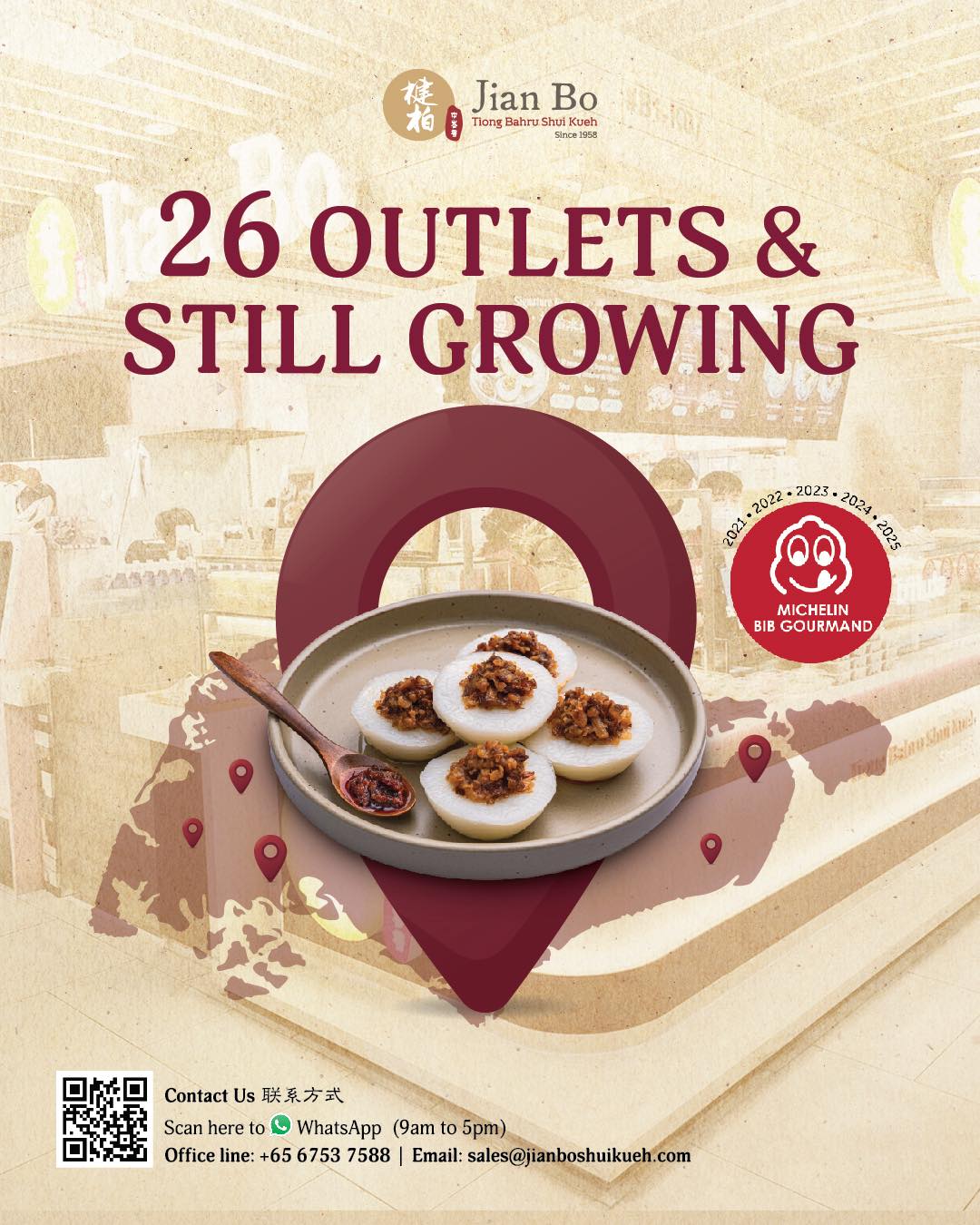 From a humble hawker stall to 26 outlets across Singapore, Jian Bo has come a long way. This journey would not have been possible without the continuous support of our customers who have been with us through the years.
For decades, our Classic Shui Kueh has been crafted with the same dedication to tradition, quality, and taste. Each bowl carries the nostalgia of heritage and the comfort of familiar flavours that many of you have grown up with.
We are truly grateful that Jian Bo has become a part of your everyday meals, family moments, and food memories.
Wherever you are in Singapore, there is always a Jian Bo near you.
Find your nearest outlet and enjoy the taste that generations love. Thank you for being part of our journey ❤️
#JianBo #JianBoShuiKueh #ShuiKueh #MichelinBibGourmand #SGFoodie