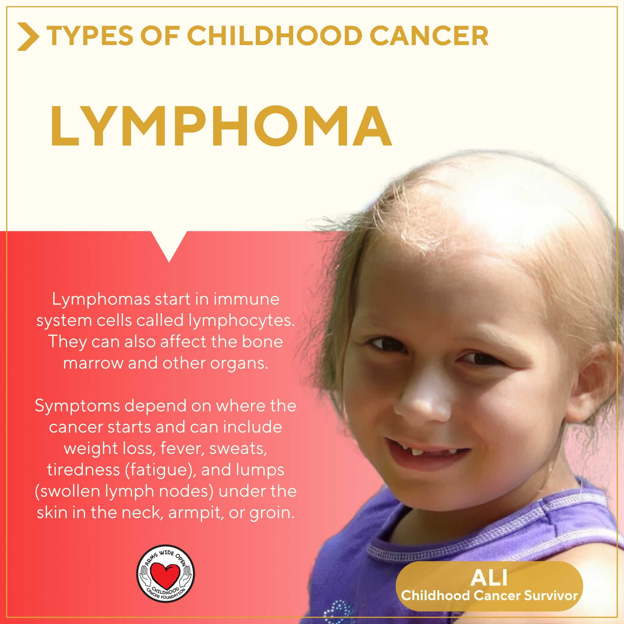 Did you know? There are many different types of childhood cancer, some more common than others.
Lymphomas start in immune system cells called lymphocytes. These cancers most often start in lymph nodes or in other lymph tissues, like the tonsils or thymus. They can also affect the bone marrow and other organs.
Symptoms depend on where the cancer starts and can include weight loss, fever, sweats, tiredness (fatigue), and lumps (swollen lymph nodes) under the skin in the neck, armpit, or groin.
To learn more about the many types of childhood cancer, visit:
https://www.thetruth365.org/the-truth-365
Pictured is childhood cancer survivor, Ali 🎗