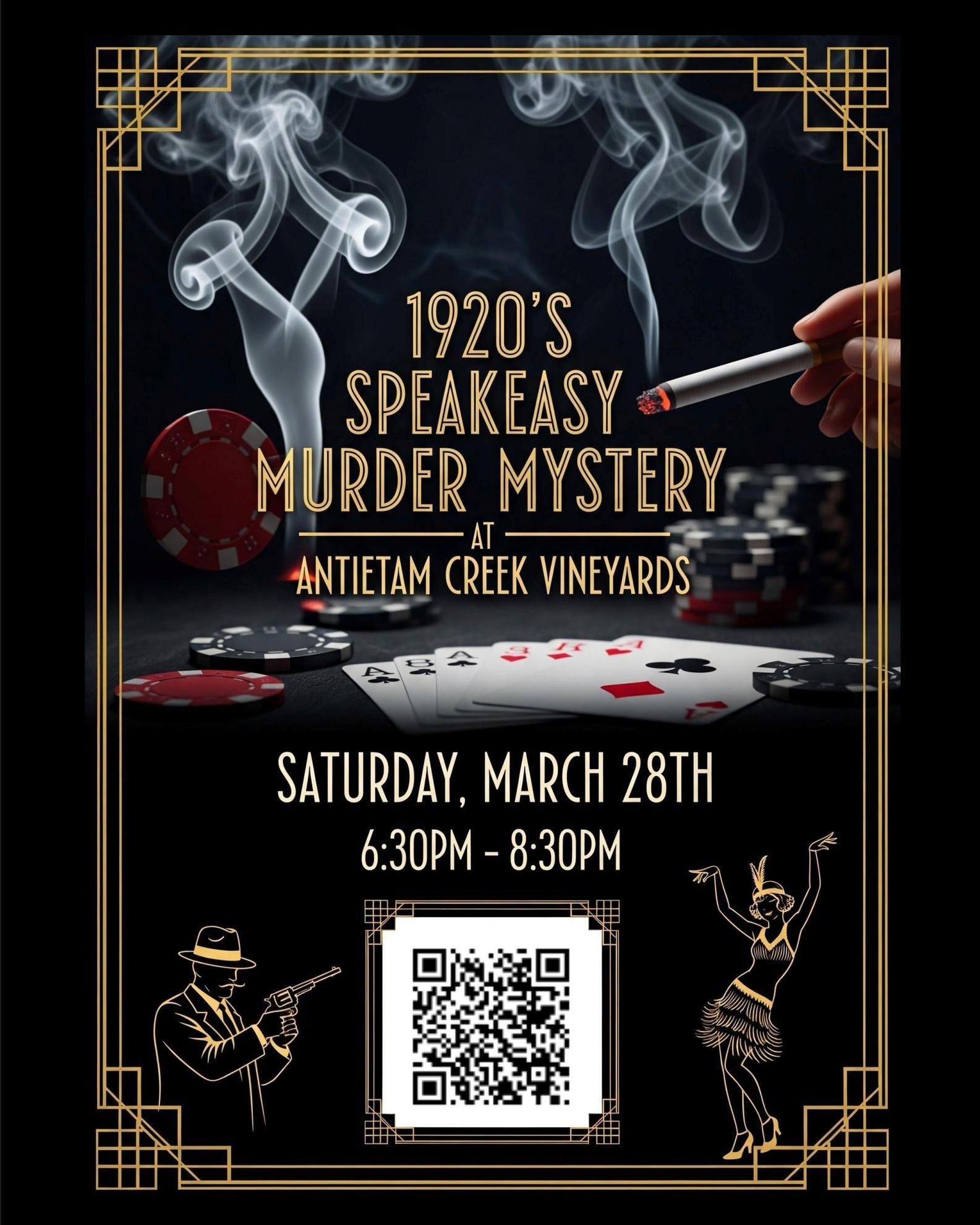 Tired of this crazy winter?
Looking for a reason to get dressed up and get out of the house?
Join us on Saturday March 28th from 6:30-8:30pm for our first Murder Mystery of the Season!
Trouble is Uncorked at this Roaring Twenties Whodunnit where all attendees are interactive characters working together to solve the murder!
Step back in time to the Roaring Twenties where Prohibition is in full swing for a night of illicit fun... and fatal consequences!
At Antietam Creek Vineyards , you won't just watch a show — you'll become a speakeasy character. Join the Off Center Events team as they lead you through a thrilling, interactive whodunnit where no acting skills are required, only a knack to solve the crime.
Tickets can be purchased at https://www.eventbrite.com/e/1920s-speakeasy-murder-mystery-at-antietam-creek-vineyards-tickets-1983324779806?aff=efbevent&fbclid=IwY2xjawQlUr5leHRuA2FlbQIxMABicmlkETFKNXYyNkdndTZJSWJ0RjJyc3J0YwZhcHBfaWQQMjIyMDM5MTc4ODIwMDg5MgABHjCmJprFASy6-mCiHYN0YrgNtk0OBJfkDBFIQDyZc7Suz8b4ZLoMlnq06UAN_aem_ISLSCgisnSxeASy_UfAIHA
Your ticket includes entry into the Murder Mystery as you play along in character and a glass of wine! Feel free to bring your own snacks and food along with you! We will have light snacks for purchase.
You will receive your character assignment ONE WEEK prior to the event so you know how to come dressed in costume.
Important Notes
- YOU supply your costume (get creative, this is part of the fun!)
- This is not a Murder Mystery SHOW where you just come and watch , this is an interactive event where all attendees are the characters!
-Due to the complexity of the event and attendee count, there will be no ticket refunds if cancellation is within 7 days of the event .
-All attendees must be 21+
#murderatthewinery #murdermysterycompany #wineryfun #murder #spooky #mystery #murdermystery #wine #wineoclock #winelovers #antietamcreek