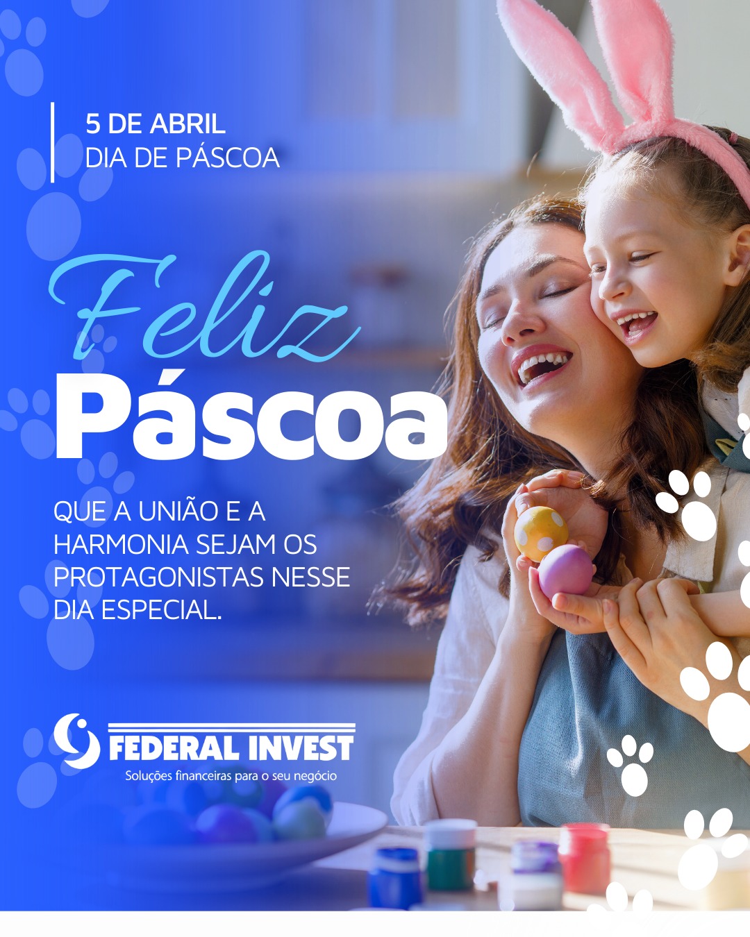 🐰✨ Que a união, o amor e a harmonia sejam os protagonistas neste dia tão especial.
A Páscoa nos convida a renovar a esperança, fortalecer os laços e celebrar a vida ao lado de quem amamos.
Que esta data traga paz, renovação e muitos momentos felizes para você e sua família. 💛
Feliz Páscoa!
#FederalInvest #GestaoFinanceira #CapitalDeGiro #FluxoDeCaixa #feriado #pascoa