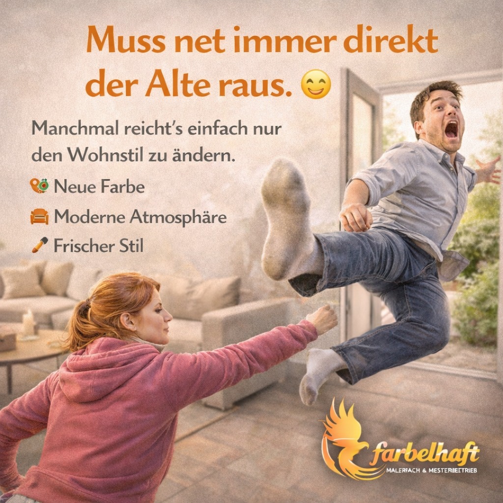 Muss net immer direkt
der Alte raus. 😏
Nicht jeder Stil passt
für immer....
Aber bevor du alles austauschst,
probier erstmal:
🎨 neue Farben
🛋 neuer Wohnstil
✨ frische Räume
Manchmal braucht es einfach
eine Veränderung im Zuhause.
Farbelhaft – Malerfach & Meisterbetrieb
#farbelhaft #dashandwerk #maler #saarland #saarlouis #ensdorf #meisterbetrieb #schoenerwohnen #kreativ #sanieren #design #lustig #veränderung