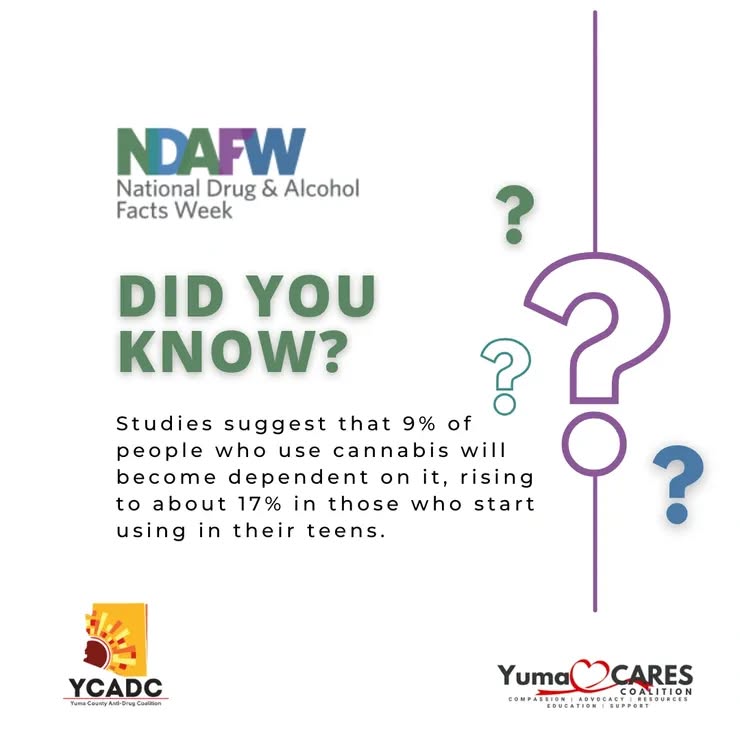 Did you know? Cannabis use can lead to dependence for some individuals, especially when use begins during the teen years.
During National Drug & Alcohol Facts Week, we’re sharing real facts to help our community stay informed, aware, and empowered. Knowledge matters, and honest conversations can make a real difference.
Let’s keep educating, supporting, and protecting our youth.
#NDAFW #DrugFactsWeek #PreventionMatters #HealthyCommunities #YouthSupport #CannabisFacts