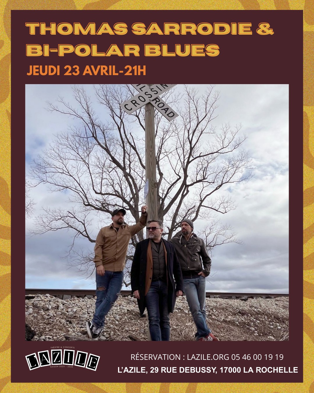 🎶Retrouvez Thomas Sarrodie & Bi-Polar blues le jeudi 23 avril à 21h à l'Azile.
📖Demi-finaliste de l’International Blues Challenge 2025, Thomas Sarrodie & Bi-Polar Blues est un power trio français de blues-rock. Le groupe est mené par Thomas Sarrodie, guitariste et chanteur avec plus de 20 ans d’expérience.
Il est accompagné de Sylvain Blanquiot à la contrebasse et de Jérémy Cazorla à la batterie. Leur son est puissant et original : guitare slide, accordages barytons profonds, contrebasse, batterie énergique
🎫Billetterie : lazile.org/billetterie - 05 46 00 19 19