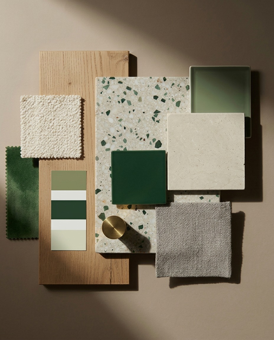 🍀 Feeling lucky with this St. Patty's Day-inspired palette! 🍀
Deep green tones layered with warm wood, terrazzo, soft textiles, and brass create a combination that feels rich, grounded, and timeless.
Color can be playful, but thoughtful material choices and intentional pairings are what make a design truly work.
#MaterialPalette #InteriorDesign #DesignInspiration #stpatricksday #architecture