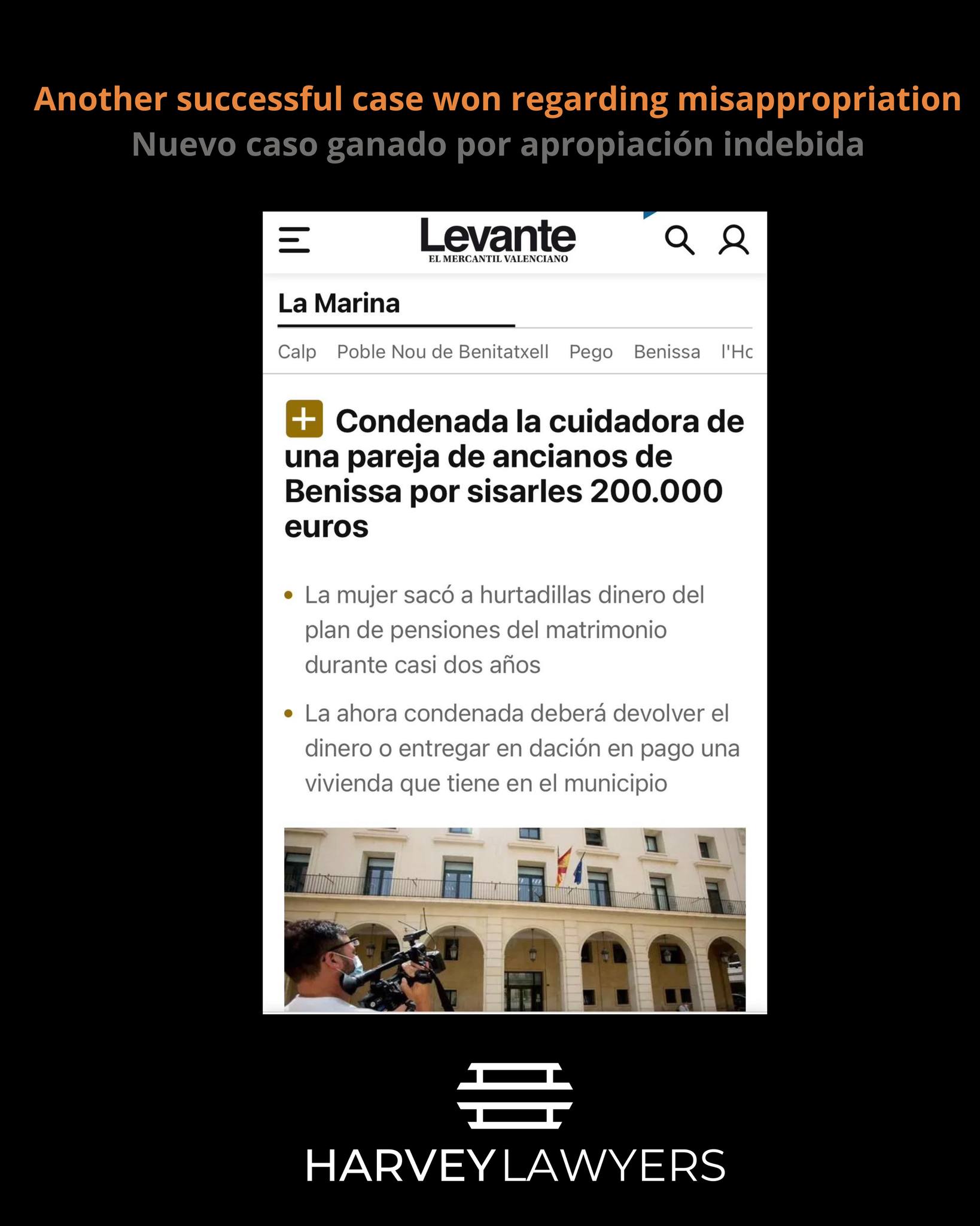 ⚖ The Provincial Court of Alicante has ruled in favour of our client in a case of misappropriation.
At Harvey Lawyers, we are committed to advising and defending our elderly clients so that cases such as this can be prevented or, if they do arise, resolved.
⚖ La Audiencia provincial de Alicante ha emitido sentencia a favor de nuestro cliente por un delito de apropiación indebida.
Desde Harvey Lawyers estamos comprometidos con la asesoría y defensa de nuestros mayores para que se puedan evitar o en si caso solucionar casos como este.
#harveylawyers #PropertyConveyance #LegalSupport #abogados #lawfirm
