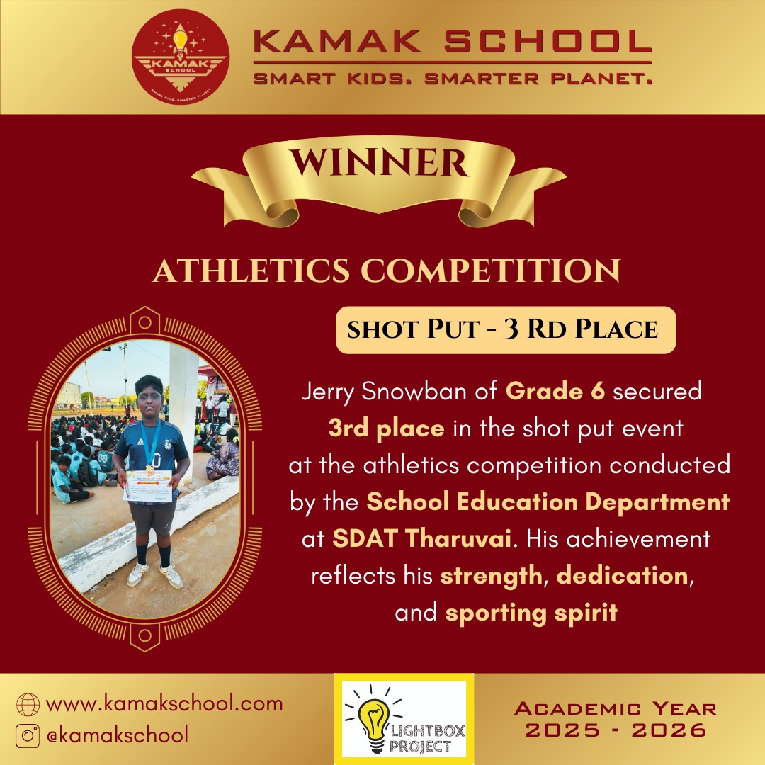 We are proud to celebrate the achievement of our student Jerry Snowban (Grade 6), who secured 3rd Place in Shot Put at the Athletics Competition conducted by the School Education Department at SDAT Tharuvai 🏅
His accomplishment reflects true strength, discipline, and sporting excellence.
At Kamak School, we nurture young talents to grow with confidence, determination, and a winning spirit.
Congratulations, Jerry! Wishing you many more successes ahead 👏✨
#KamakSchool #AthleticsAchievement #ShotPut #StudentSuccess #SchoolPride #YoungTalent #SportsExcellence #FutureChampion #AcademicYear2025 #InspiringStudents #winningmoment
Kamak School
Student Achievement
Shot Put Competition
Athletics Competition
School Sports Excellence
Young Athlete
School Pride
Tamil Nadu School Sports