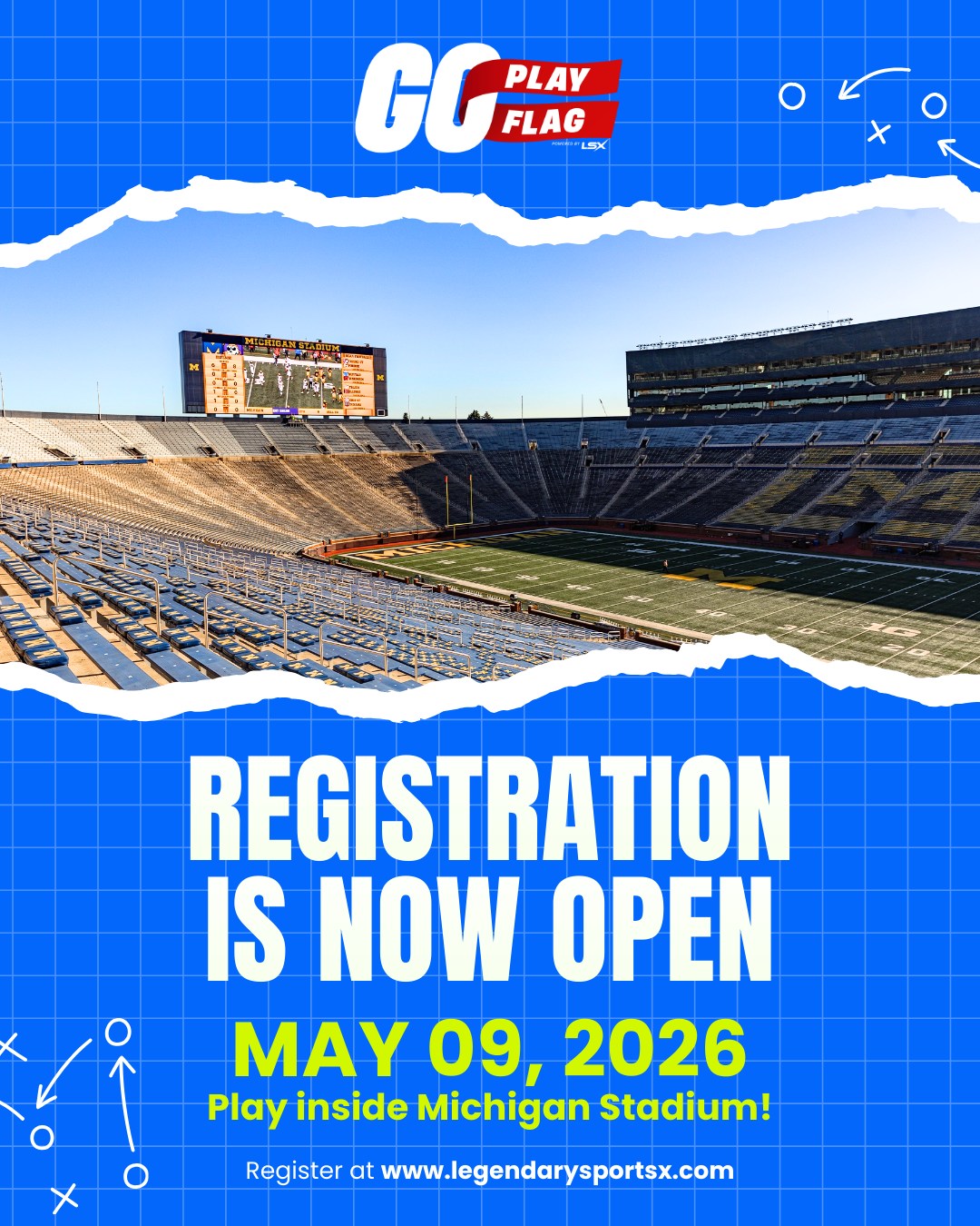 Team registration is open for Go Play Flag at Michigan Stadium. May 9. Bring your team to one of the most iconic venues in football.
Register here: https://www.legendarysportsx.com/tournaments/go-play-flag-at-the-big-house
