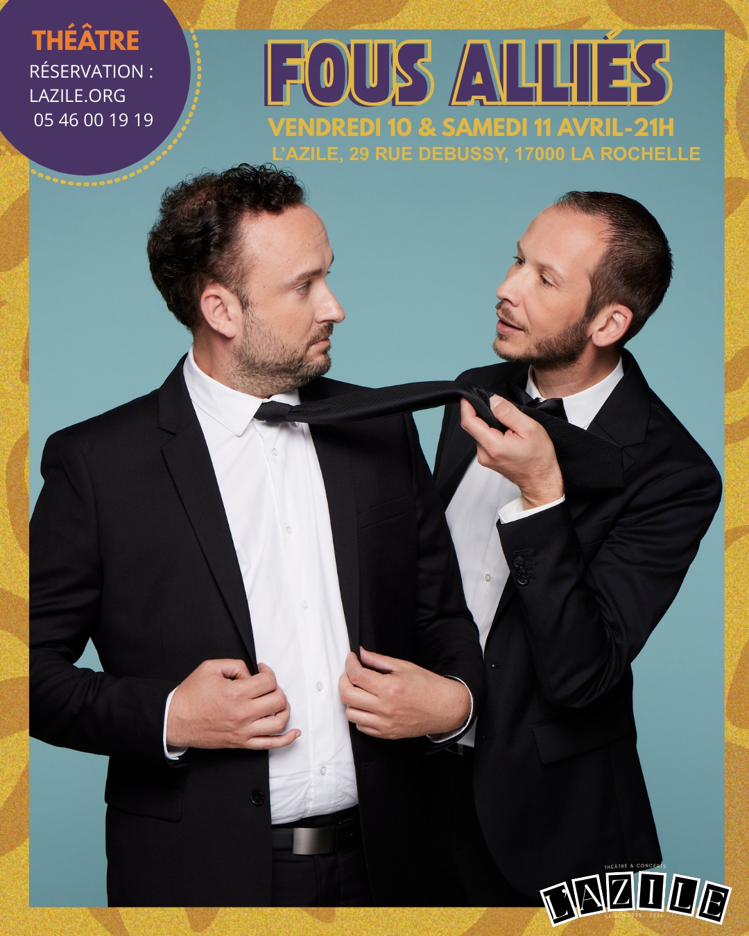 🎶Retrouvez Fous Alliés le vendredi 10 & samedi 11 avril à 21h à l'Azile.
Avec une mauvaise foi délicieuse et une bonne dose de lâcheté assumée, ils débattent d’amour, d’amitié, de mort, de famille… pour le meilleur du rire !
Jamais d’accord sur rien, déconnectés des usages de notre société, ils sont égoïstes, parfois manipulateurs, et fuient les conflits à tout prix. Alors quand les Fous Alliés débarquent, ils sont délicieusement dingues… et follement drôles !
🎫Billetterie : lazile.org/billetterie - 05 46 00 19 19
