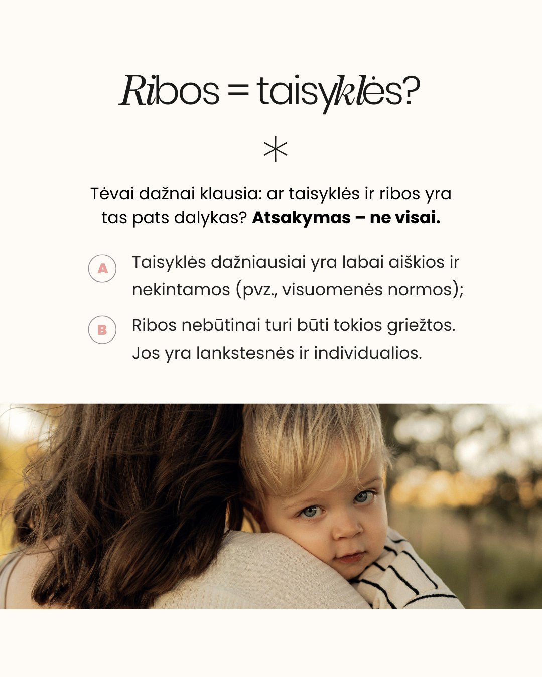 „RIBA“ SKAMBA KAIP BAUSMĖ? O turėtų skambėti kaip... dovana! 🎁
Dažnai tėvams daryti „tvarką“ trukdo viena nuostata: baimė būti „blogu policininku“. Tačiau nubrėžti ribą nereiškia nubausti. Tai reiškia pamokyti vaiką naviguoti šiame dideliame ir painiame pasaulyje. 🌍
Tad kuo gi skiriasi taisyklės nuo ribų?
📏 Taisyklės yra kietos ir nekintamos (kaip, pavyzdžiui, eismo taisyklės).
🌊 Ribos yra lankstus susitarimas, pagrįstas tėvų komfortu ir gyvenimo situacija.
Braukite karuselėje ir sužinokite:
✅ Kodėl ribos yra apie ryšį, o ne apie draudimus?
✅ Kaip mamos ir tėčio ribos gali skirtis (ir kodėl tai normalu)?
✅ Kodėl sunku brėžti ribas vaikams?
Svarbiausia prisiminkime: mokydami vaiką gerbti jūsų ribas, jūs mokote jį pažinti žmones ir saugoti save.
Kurią ribą jūsų namuose sunkiausia išlaikyti? Pasidalinkit komentaruose!
- tėvystės koučerė Dovilė @pagarbitevyste 🤍
#pagarbitevyste #mylu #mylult #tevyste #motinyste #tevai #auklejimas #vaikyste #vaikuauginimas #auklejimas #tevuemocijos #emocijos #tevupalaikymas #vaikas #vaikai #tetis #mama #mylultseminarai #myluseminarai #ribos #mamosgyvenimas #tevai #psichologija #šeima