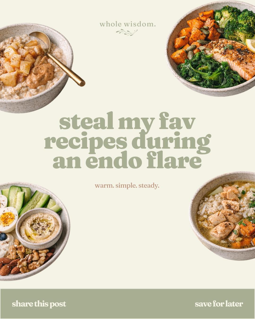During an endo flare, I don’t restrict. I simplify.
Warm meals.
Stable blood sugar.
Easy digestion.
Anti-inflammatory basics.
When inflammation and the nervous system are already heightened, the goal is to reduce load, not add more stress.
These are some of my favourite steady, nourishing meals to make when symptoms flare.
If you’d like the full recipes, plus a deeper breakdown of how food supports inflammation and hormone balance, I’ve included them inside **The Endo Reframe**.
Comment WISDOM and I’ll send it to you.
Support. Not punishment.
#EndometriosisAwareness #HormoneHealth #WomensHealthAustralia #AntiInflammatoryFood #WholeBodyCare