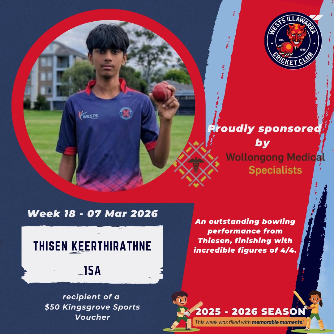 ๐ด๐ต Junior Player of the Week ๐
Weโre celebrating two weeks of incredible bowling performances from our Junior Devils!
๐ 7 March โ Thisen Keerthirathne
A dominant spell, finishing with remarkable figures of 4/4.
๐ 14 March โ Freddie Herbert
An outstanding performance, taking 5/10, including a brilliant hat-trick! ๐ฅ
Two match-winning efforts and fantastic achievements from both players. Congratulations โ weโre proud to see our Junior Devils shining in red and blue! โค๏ธ๐
#JuniorDevils #WestsIllawarraCricketClub #GoTheDevils #PlayerOfTheWeek #CricketFamily #HatTrickHero