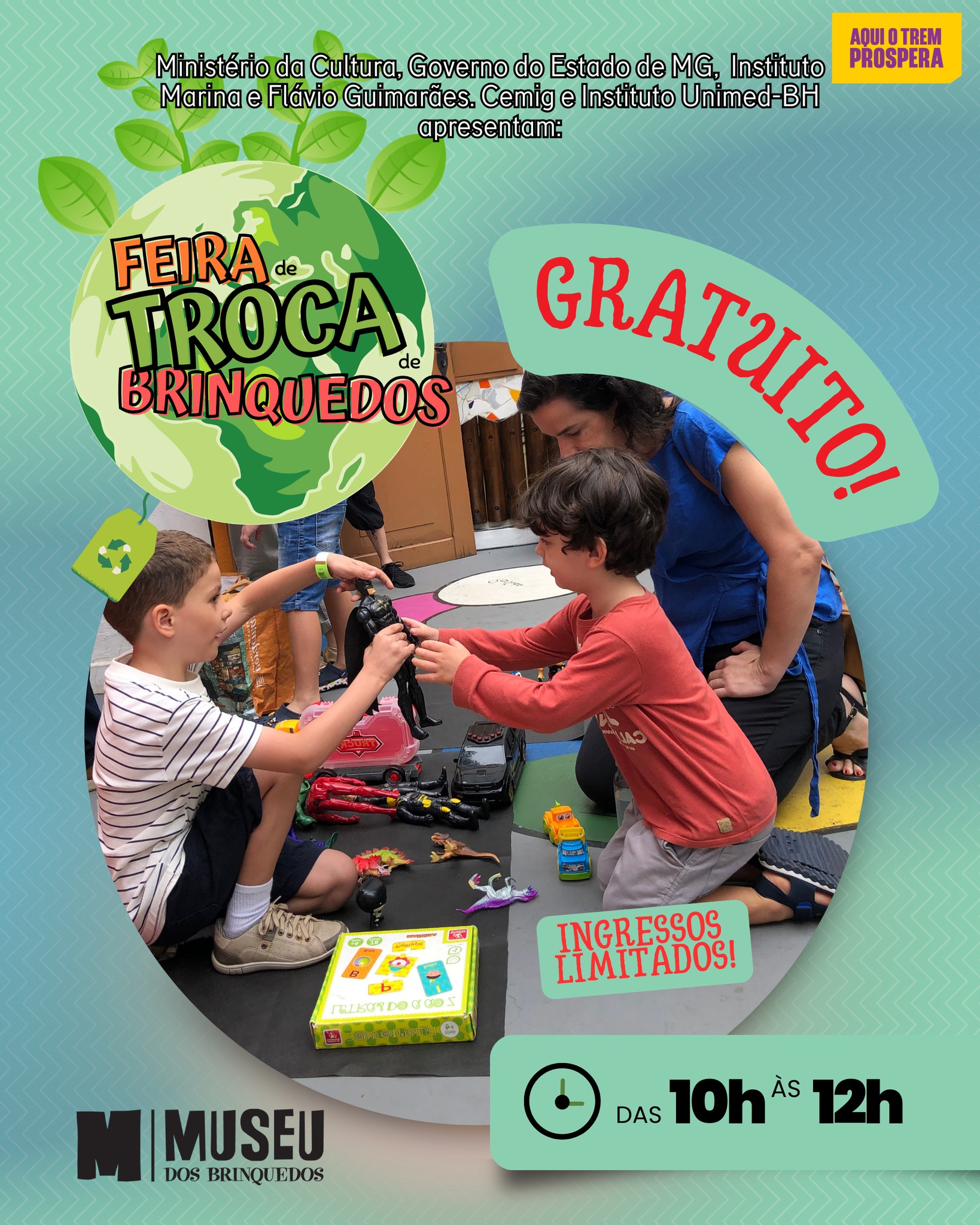 E se um brinquedo esquecido pudesse começar uma nova aventura? 🧸🛴🪀
No dia 21 de março, o Museu dos Brinquedos abre a programação cultural de 2026 com mais uma edição da nossa querida Feira de Troca de Brinquedos. A proposta é simples: cada criança leva um brinquedo em bom estado para trocar e descobre, na prática, que trocar pode ser muito mais divertido, e significativo, do que comprar.
🌎 Mais do que uma manhã de brincadeiras, a Feira é uma experiência que convida as crianças a refletirem sobre compartilhamento, imaginação e cuidado com o planeta. Ao circular de mãos em mãos, os brinquedos ganham novas histórias e mostram que brincar também pode ser um gesto de solidariedade, criatividade e consumo consciente.
A programação da manhã inclui troca de brinquedos, oficina de construção de brinquedos com materiais reutilizados, visita às salas de exposição do Museu, com cerca de mil brinquedos de diferentes épocas e culturas, e o poético teatrinho da marionete Vovó Luiza, que conta a história do MuBrinc.
✨ Uma manhã para brincar junto, fazer amigos e descobrir que compartilhar também é uma forma de cuidar do mundo.
FEIRA DE TROCA DE BRINQUEDOS DO MUBRINC
Data: 21 de março de 2026 (sábado)
Horário: das 10h às 12h - entradas às 10h ou 11h (de acordo com o ingresso)
Entrada: gratuita - retirada antecipada pelo Sympla
ACESSIBILIDADE: rampas, portas alargadas e banheiros adaptados
CLASSIFICAÇÃO: livre
O Museu dos Brinquedos conta com o patrocínio da Cemig, por meio da Lei Estadual de Incentivo à Cultura de Minas Gerais, e com o apoio do Instituto Unimed-BH e do Instituto Marina e Flávio Guimarães – Grupo BMG, por meio da Lei Federal de Incentivo à Cultura, no projeto “2026 – Manutenção do Museu dos Brinquedos” (Pronac 254697); além das empresas Marcelo Guimarães Advogados e Associados e Decta Contabilidade. Realização: Governo de Minas Gerais – Aqui o TREM prospera, Ministério da Cultura e Governo Federal – União e Reconstrução.
#MuseudosBrinquedos #passeioemfamilia #feiradetrocadebrinquedos #passeioembh #belohorizonte @institutounimedbh @grupobmg.oficial @institutomfg_ @circuitoliberdade @prefeiturabh @culturaeturismomg