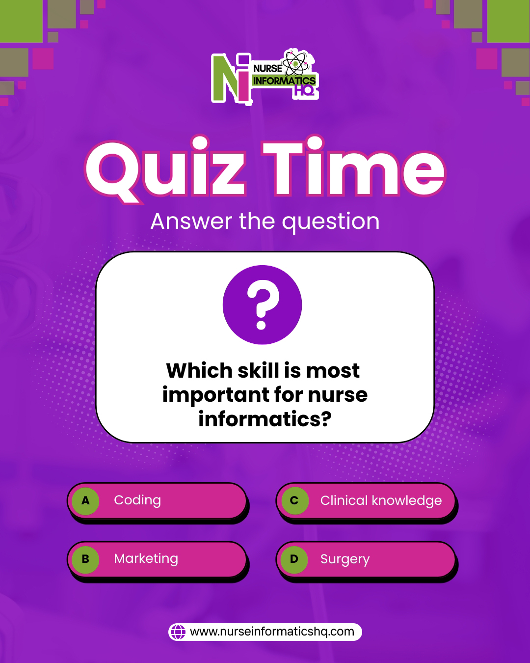 🧠 Quiz Time!
Do you know the answer? 👇
Which skill is most important for Nurse Informatics?
A️⃣ Coding
B️⃣ Clinical Knowledge
C️⃣ Marketing
D️⃣ Surgery
Drop your answer in the comments and see if you got it right! 👩⚕️💻
Learn more about nurse informatics and healthcare technology:
🌐 www.nurseinformaticshq.com
#NurseInformatics #HealthcareTechnology #NursingEducation #HealthcareQuiz #NurseLife #DigitalHealth #HealthcareProfessionals #NursingCommunity