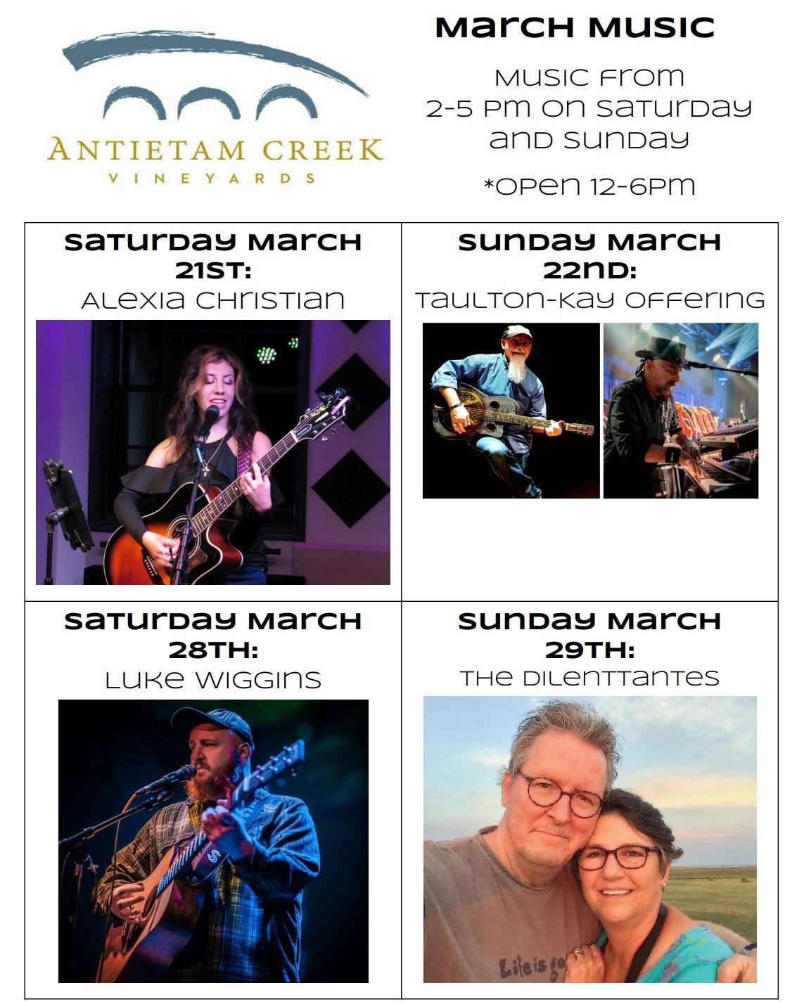 Here is a look at our music scheduled for March! 🎶🎤🎸🎹🎻
#LiveMusicLovers #livemusicrocks #LiveMusicVibes #wineoclock #winelovers #wineryfun #antietamnationalbattlefield #antietamcreek #winery🍷 #winerylife #winery