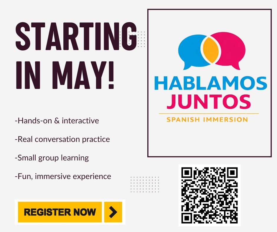 Spanish Immersion Begins This May!
We’re excited to announce that our Spanish Immersion classes are starting this May, and registration is now open!
This is not your typical language class — students will learn Spanish through conversation, games, movement, and real-life interaction, helping them build confidence naturally.
Perfect for ages 5+, whether your child is brand new to Spanish or ready to grow their skills in a fun, engaging environment.
-Hands-on & interactive
-Real conversation practice
-Small group learning
-Fun, immersive experience
Spots are limited!