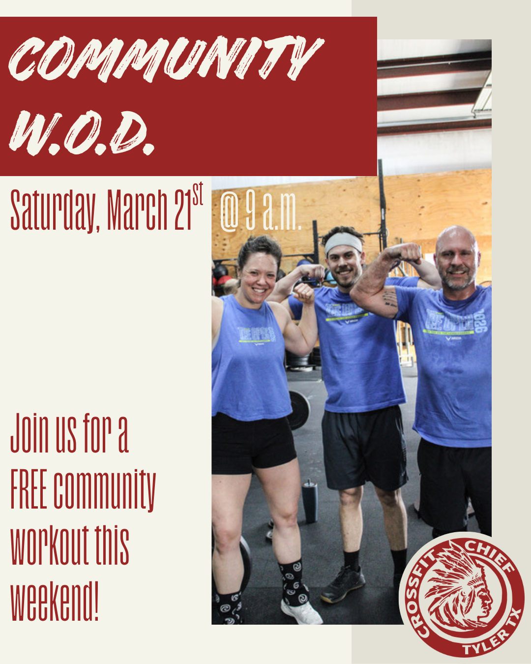 Join us Saturday for a FREE community workout! We want to see you at CrossFit Chief- you won't regret it!