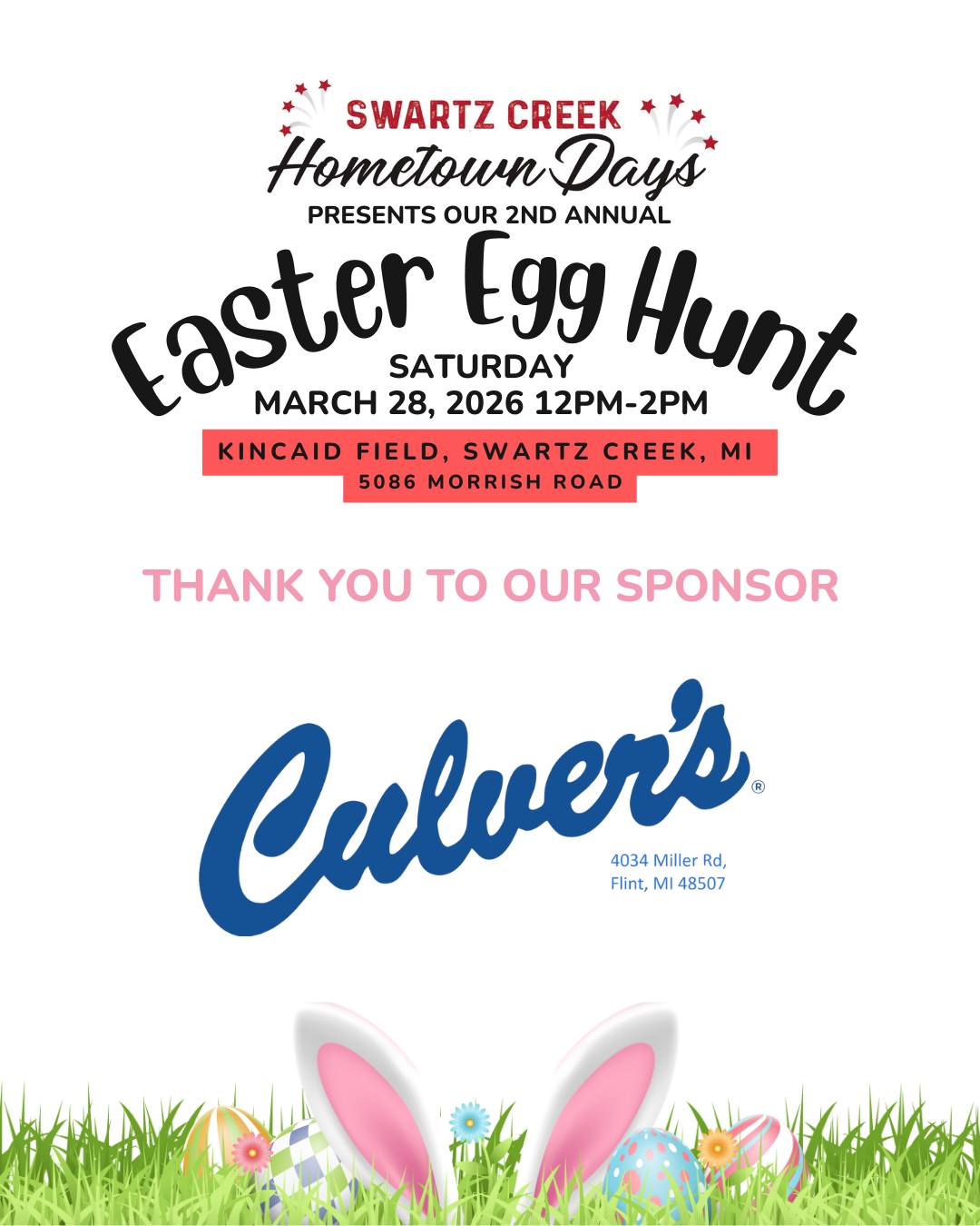 A big thank you to Culver's for sponsoring our 2nd Annual Easter Egg Hunt!
Your support helps make this fun community event possible for so many families.