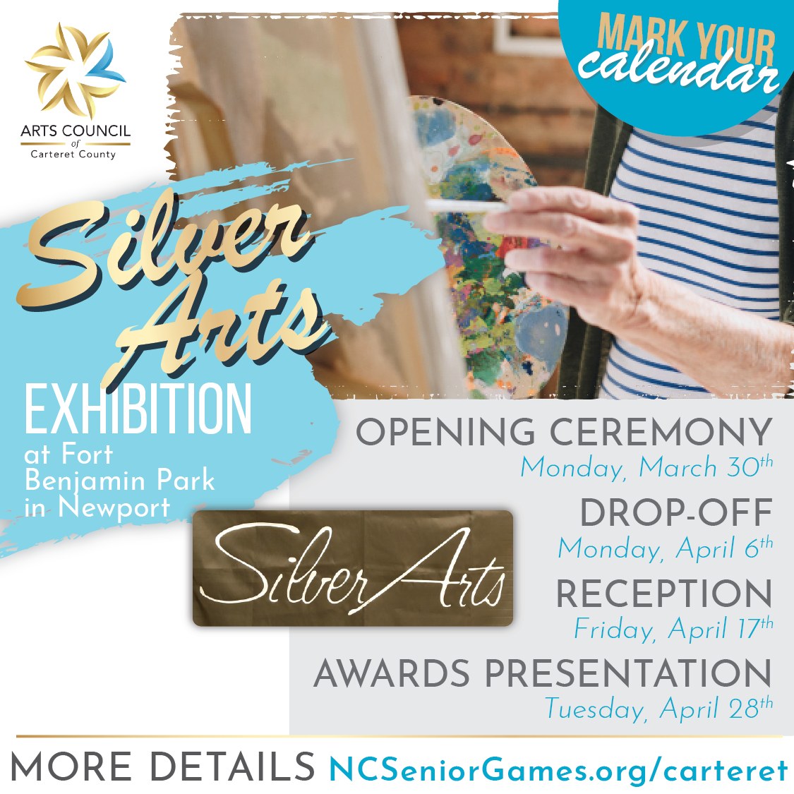 🖼️ Be sure not to miss the Silver Arts Exhibition - coming soon at Fort Benjamin Park in Newport! 🎨
The Silver Arts is a celebration of creative expression of for anyone 50 years of age or
older. It provides a stage for visual, heritage, literary and performing artists. The Silver Arts exhibition last year had several local artists go on to exhibit at the state level.
This year we expect to see even more from our creative community!
Categories include the Heritage arts, such as quilting, knitting, jewelry, wood working, and pottery, the Visual arts such as acrylics, watercolor, oils, sculpture, general crafts, and the Literary arts.
⭐️ Opening ceremonies for the Senior Games/Silver Arts is March 30th
⭐️ Drop-off for those who have registered for Silver Arts is April 6th
⭐️ Art will be on display until the Silver Arts reception, April 17th
⭐️ Finale and awards presentation is April 28th
More information can be found at NCSeniorGames.org/carteret
.