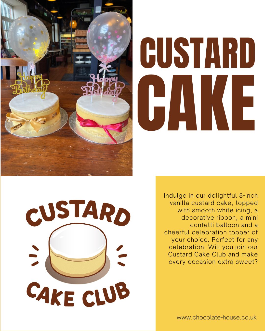 Celebrate in Style with Our Custard Cake.
Our 8-inch vanilla custard cake is the ultimate party centrepiece. Topped with smooth white icing, a ribbon, a mini confetti balloon and a celebration topper, it's perfect for any celebration.
🎈 Want to make every occasion extra sweet? Join the Custard Cake Club today by visiting our website and discovering all the delicious details.
👉 https://tinyurl.com/bdh397rt
#CustardCakeClub #VanillaCustardCake #BirthdayCakeGoals #CelebrateWithCake #CakeLoversUnite #PartyPerfection #SweetToothSatisfaction #CustomCakes #CakeDecor #BirthdayCelebrations #DessertDreams #CakeArtistry #CelebrateInStyle #CakeLoversClub #ChocolateHouseCakes