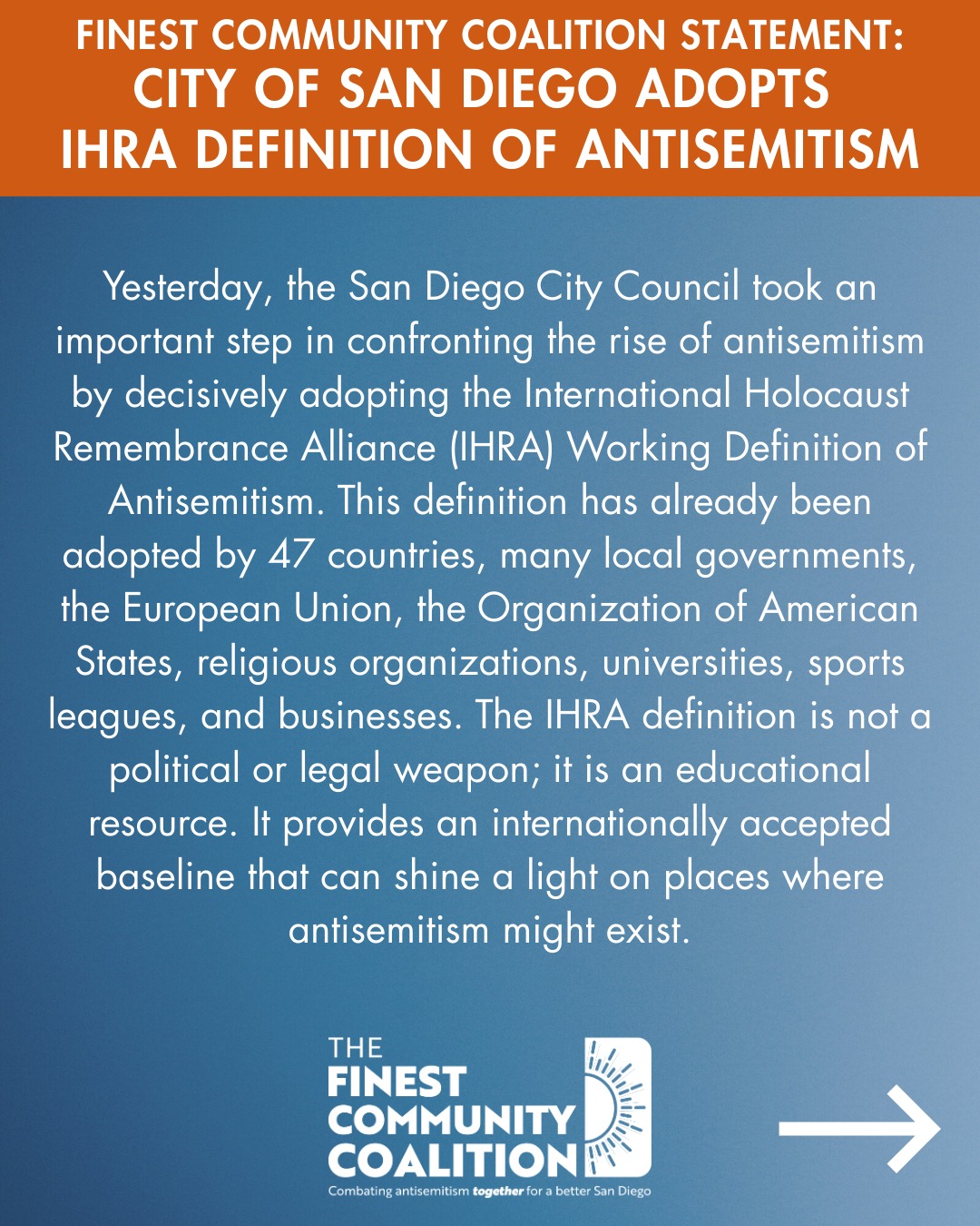 Yesterday, San Diego took a meaningful stand against antisemitism.
We thank the San Diego City Councilmembers who stood with the Jewish community and helped advance the adoption of the IHRA definition.
We’re proud of our Coalition members at the @standwithus_sandiego Antisemitism Task Force for spearheading this effort and for the many other coalition members that played important roles in advocating for adoption before and during the meeting. It was inspiring to see so many coalition members who showed up, spoke out, and made their voices heard.
This moment reflects the strength, unity, and leadership of San Diego’s Jewish community.