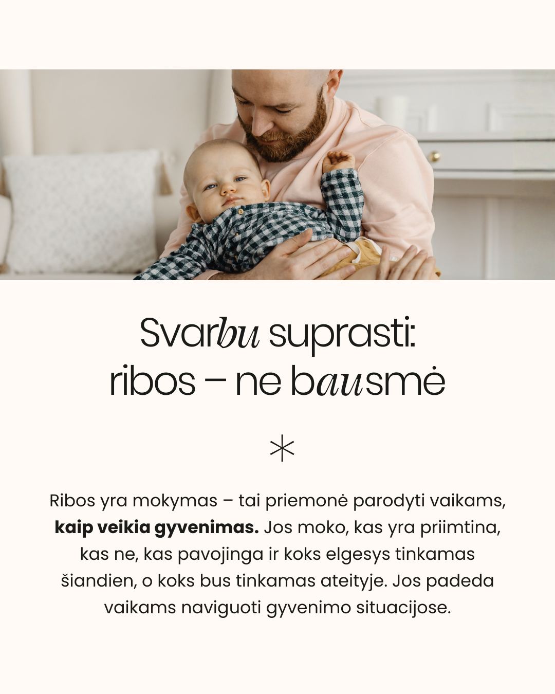 „RIBA“ SKAMBA KAIP BAUSMĖ? O turėtų skambėti kaip... dovana! 🎁
Dažnai tėvams daryti „tvarką“ trukdo viena nuostata: baimė būti „blogu policininku“. Tačiau nubrėžti ribą nereiškia nubausti. Tai reiškia pamokyti vaiką naviguoti šiame dideliame ir painiame pasaulyje. 🌍
Tad kuo gi skiriasi taisyklės nuo ribų?
📏 Taisyklės yra kietos ir nekintamos (kaip, pavyzdžiui, eismo taisyklės).
🌊 Ribos yra lankstus susitarimas, pagrįstas tėvų komfortu ir gyvenimo situacija.
Braukite karuselėje ir sužinokite:
✅ Kodėl ribos yra apie ryšį, o ne apie draudimus?
✅ Kaip mamos ir tėčio ribos gali skirtis (ir kodėl tai normalu)?
✅ Kodėl sunku brėžti ribas vaikams?
Svarbiausia prisiminkime: mokydami vaiką gerbti jūsų ribas, jūs mokote jį pažinti žmones ir saugoti save.
Kurią ribą jūsų namuose sunkiausia išlaikyti? Pasidalinkit komentaruose!
- tėvystės koučerė Dovilė @pagarbitevyste 🤍
#pagarbitevyste #mylu #mylult #tevyste #motinyste #tevai #auklejimas #vaikyste #vaikuauginimas #auklejimas #tevuemocijos #emocijos #tevupalaikymas #vaikas #vaikai #tetis #mama #mylultseminarai #myluseminarai #ribos #mamosgyvenimas #tevai #psichologija #šeima