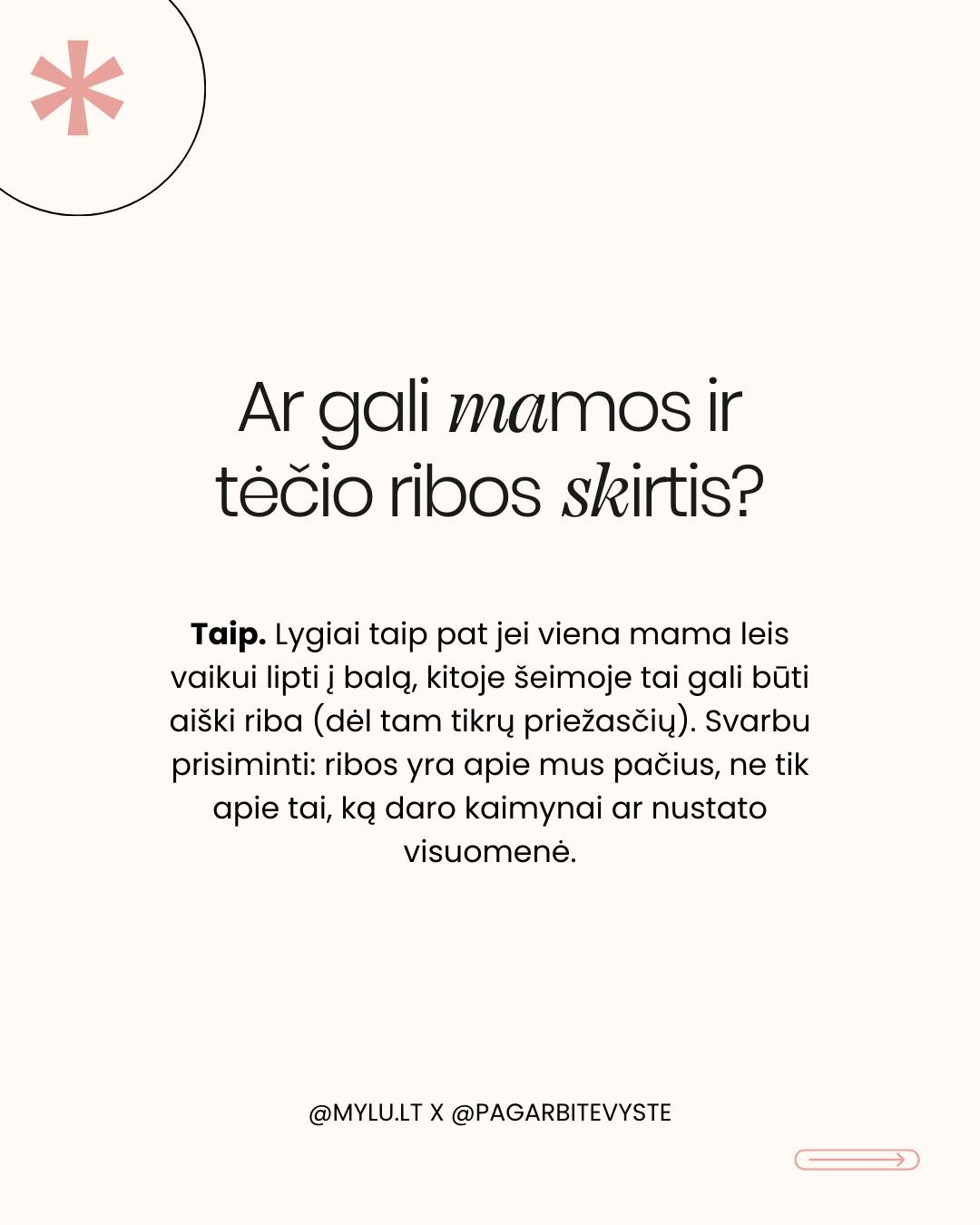 „RIBA“ SKAMBA KAIP BAUSMĖ? O turėtų skambėti kaip... dovana! 🎁
Dažnai tėvams daryti „tvarką“ trukdo viena nuostata: baimė būti „blogu policininku“. Tačiau nubrėžti ribą nereiškia nubausti. Tai reiškia pamokyti vaiką naviguoti šiame dideliame ir painiame pasaulyje. 🌍
Tad kuo gi skiriasi taisyklės nuo ribų?
📏 Taisyklės yra kietos ir nekintamos (kaip, pavyzdžiui, eismo taisyklės).
🌊 Ribos yra lankstus susitarimas, pagrįstas tėvų komfortu ir gyvenimo situacija.
Braukite karuselėje ir sužinokite:
✅ Kodėl ribos yra apie ryšį, o ne apie draudimus?
✅ Kaip mamos ir tėčio ribos gali skirtis (ir kodėl tai normalu)?
✅ Kodėl sunku brėžti ribas vaikams?
Svarbiausia prisiminkime: mokydami vaiką gerbti jūsų ribas, jūs mokote jį pažinti žmones ir saugoti save.
Kurią ribą jūsų namuose sunkiausia išlaikyti? Pasidalinkit komentaruose!
- tėvystės koučerė Dovilė @pagarbitevyste 🤍
#pagarbitevyste #mylu #mylult #tevyste #motinyste #tevai #auklejimas #vaikyste #vaikuauginimas #auklejimas #tevuemocijos #emocijos #tevupalaikymas #vaikas #vaikai #tetis #mama #mylultseminarai #myluseminarai #ribos #mamosgyvenimas #tevai #psichologija #šeima