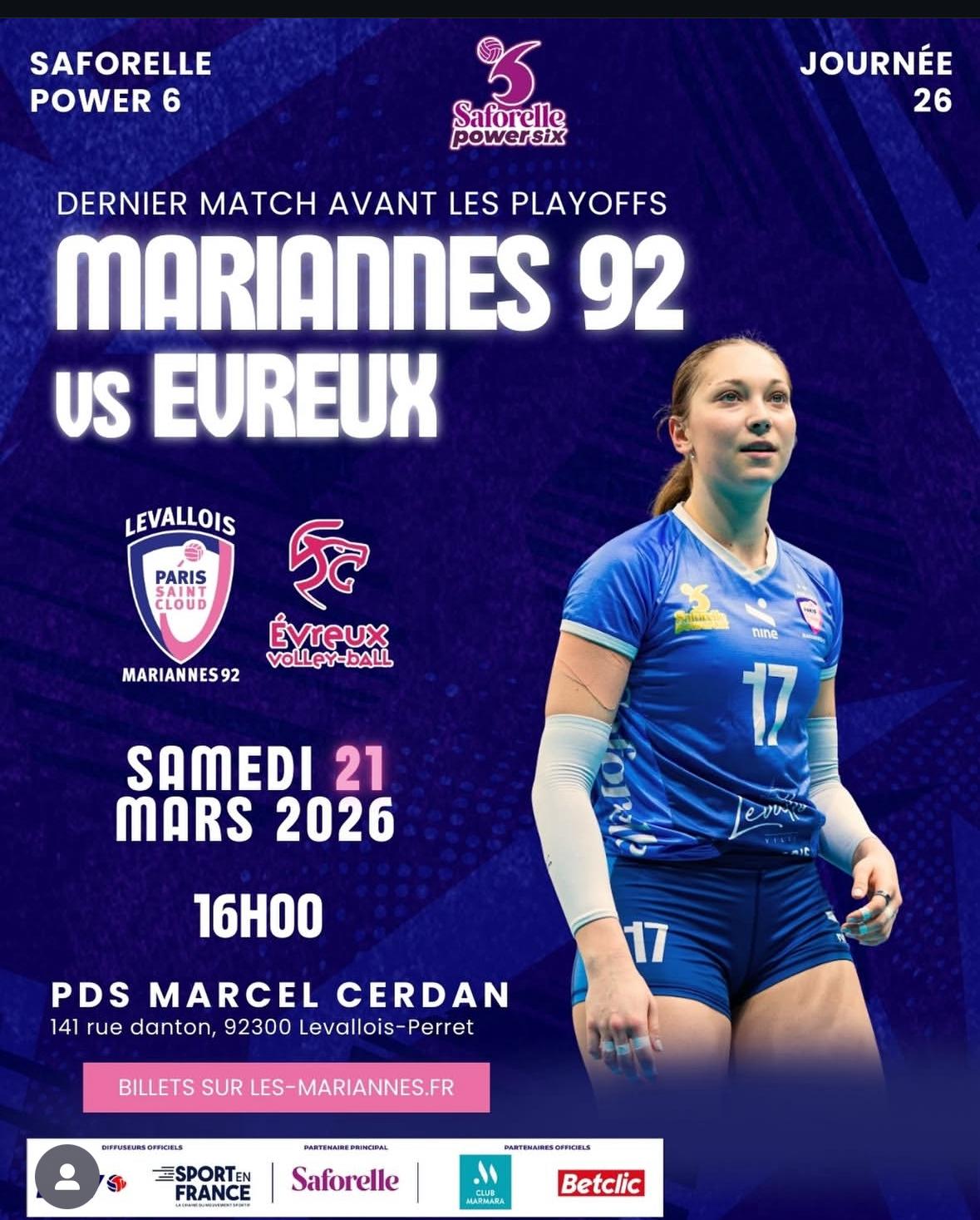 🔥 DERNIER MATCH DES MARIANNES AVANT LES PLAYOFFS ! 🔥
L'Association Levallois Entraide vous donne rendez-vous pour un après-midi festif autour du dernier match des Mariannes 92 🏐
Au programme pour les enfants :
🍫 Cadeaux & chocolat
🎨 Ateliers maquillage
🎈 Sculptures de ballons
Avec notre partenaire @kangouroukids_levallois , tout est prévu pour faire de ce moment un vrai temps de plaisir en famille ❤️
📍 Palais des Sports Marcel Cerdan - 141 rue Danton
🏐 Mariannes 92 vs Évreux
📅 Samedi 21 mars à partir de 15h
Un match décisif avec un enjeu important : aller chercher la 2e place du championnat 💥
🎟️ La billetterie vient d’ouvrir sur les-mariannes.fr
Venez nombreux encourager @lesmariannes92 et partager un moment convivial, entre sport et animations !
#Mariannes92 #levalloisentraide #KangourouKids #Volleyball #Levallois #SortieEnFamille #Playoffs