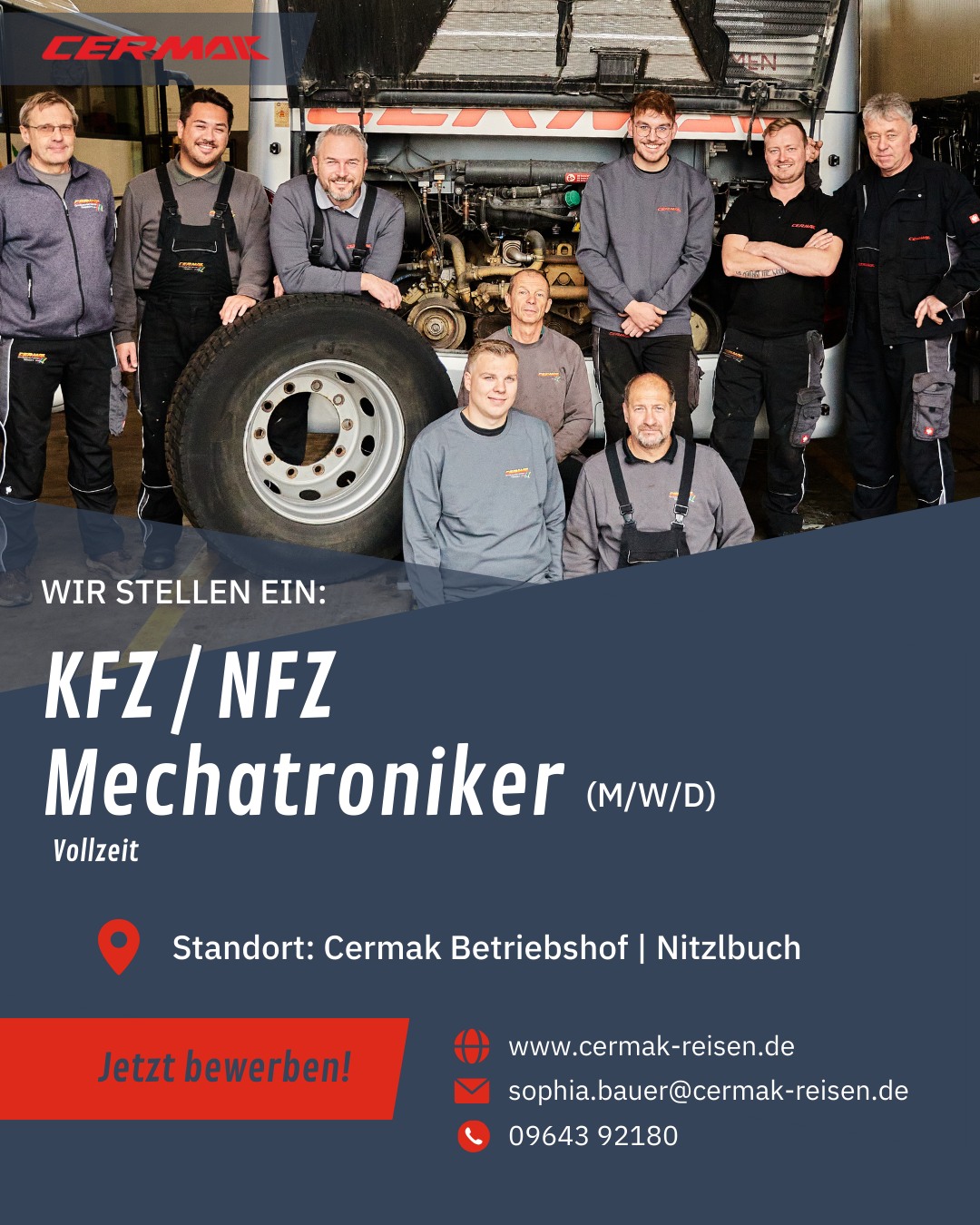 🔧 Wir stellen ein! 🔧
Du bist Kfz- oder Nfz-Mechatroniker (m/w/d) und suchst eine neue Herausforderung? Dann komm in unser Team! 🚍
Bei Cermak Reisen erwartet dich ein moderner Arbeitsplatz, ein starkes Team und abwechslungsreiche Aufgaben rund um unsere Fahrzeugflotte.
📍 Standort: Betriebshof Nitzlbuch
🕒 Vollzeit
👉 Das bringst du mit:
- Leidenschaft für Technik & Fahrzeuge
- Selbstständige und zuverlässige Arbeitsweise
- Teamgeist
👉 Das bieten wir dir:
-Sicherer Arbeitsplatz in einem familiären Unternehmen
- Moderne Werkstatt & hochwertige Ausstattung
- Kollegiales Arbeitsumfeld
📩 Jetzt bewerben!
sophia.bauer@cermak-reisen.de
📞 09643 92180
🌐 www.cermak-reisen.de
#Jobs #Mechatroniker #Kfz #Nfz #Karriere #CermakReisen #Stellenanzeige #WirStellenEin