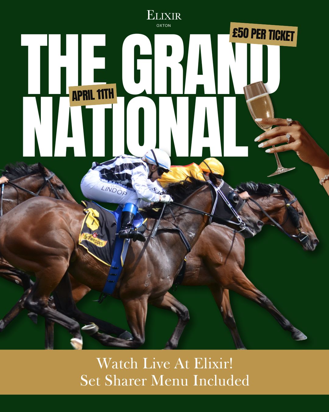🏇 The Grand National at Elixir ✨
Experience race day in refined style as we show the Grand National live on our large flat-screens.
Enjoy an elegant sharer-for-two menu in our exceptional atmosphere, and every moment of the race.
Limited availability. Book here!
https://togo.uk.com/makebookingv2?venueid=1305&event=160821
🎟️ £50 per ticket
#grandnational #theraces #horseracing #localbusiness #elixir #wirralrestaurant #wirral #setmenu #oxtonvillage #elixirrestaurant #elixiroxton #elixirwirral #restaurant #ElixirOxton