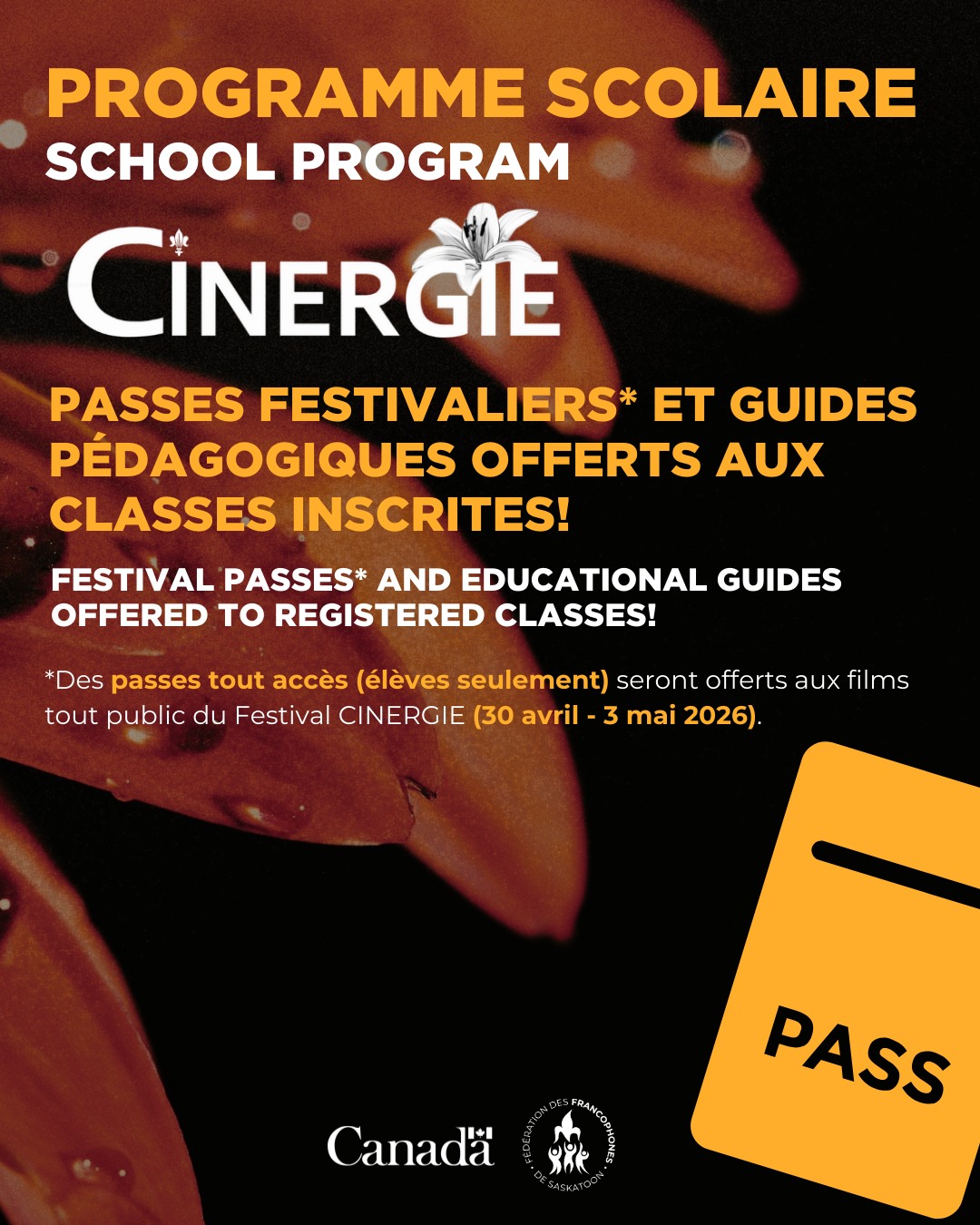 âšïž PASSES FESTIVALIERS:
Des passes tout accÚs (élÚves seulement) seront offerts aux classes inscrites pour les films tout public du Festival CINERGIE (30 avril au 3 mai 2026). Les passes seront envoyés électroniquement aux enseignant.e.s aprÚs les projections scolaires, le 17 avril.
đŁ CINERGIE propose aux Ă©coles francophones et dâimmersion françaises de Saskatoon des films scolaires au cinĂ©ma Roxy Theatre du 14 au 16 avril 2026. ïž
âĄïž Inscrivez vos classes Ă partir de notre page scolaire sur notre site web: https://www.festivalcinergie.ca/fr/programmation-scolaire. ïž
âłïž Date limite d'inscriptions: 3 avril 2026
SaskTel @ajfsask @francosaskatoon