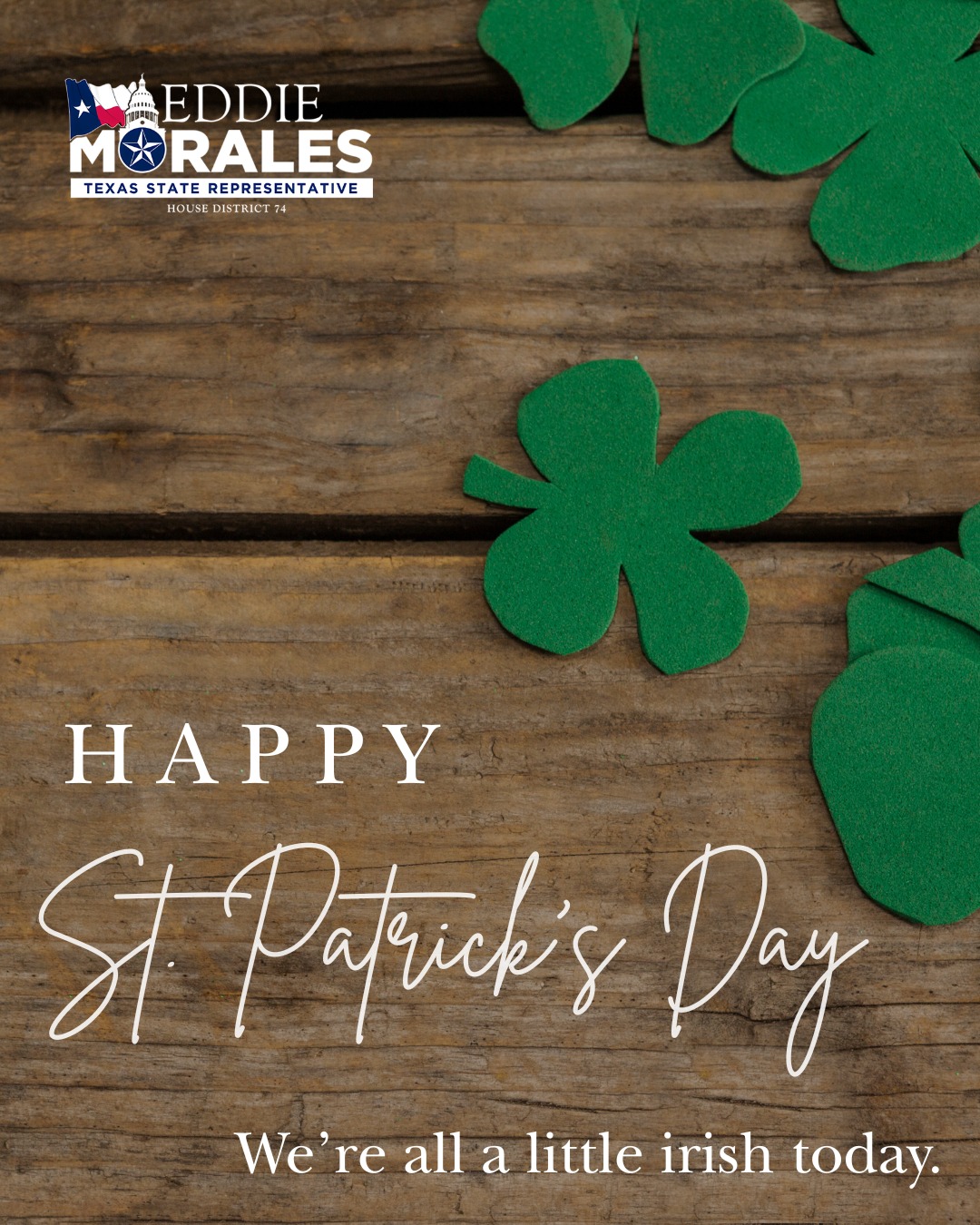 Happy St. Patrick’s Day!
Wishing everyone a safe and joyful celebration filled with community, tradition, and a little extra luck today.
#StPatricksDay #TexasProud #Texas #HouseDistrict74 #TXLege #CommunityMatter